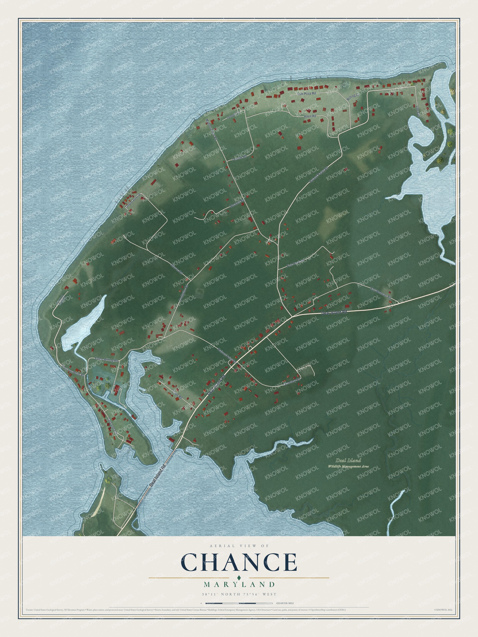 Full map of Chance, Maryland, with red buildings, printed street names and the land around them