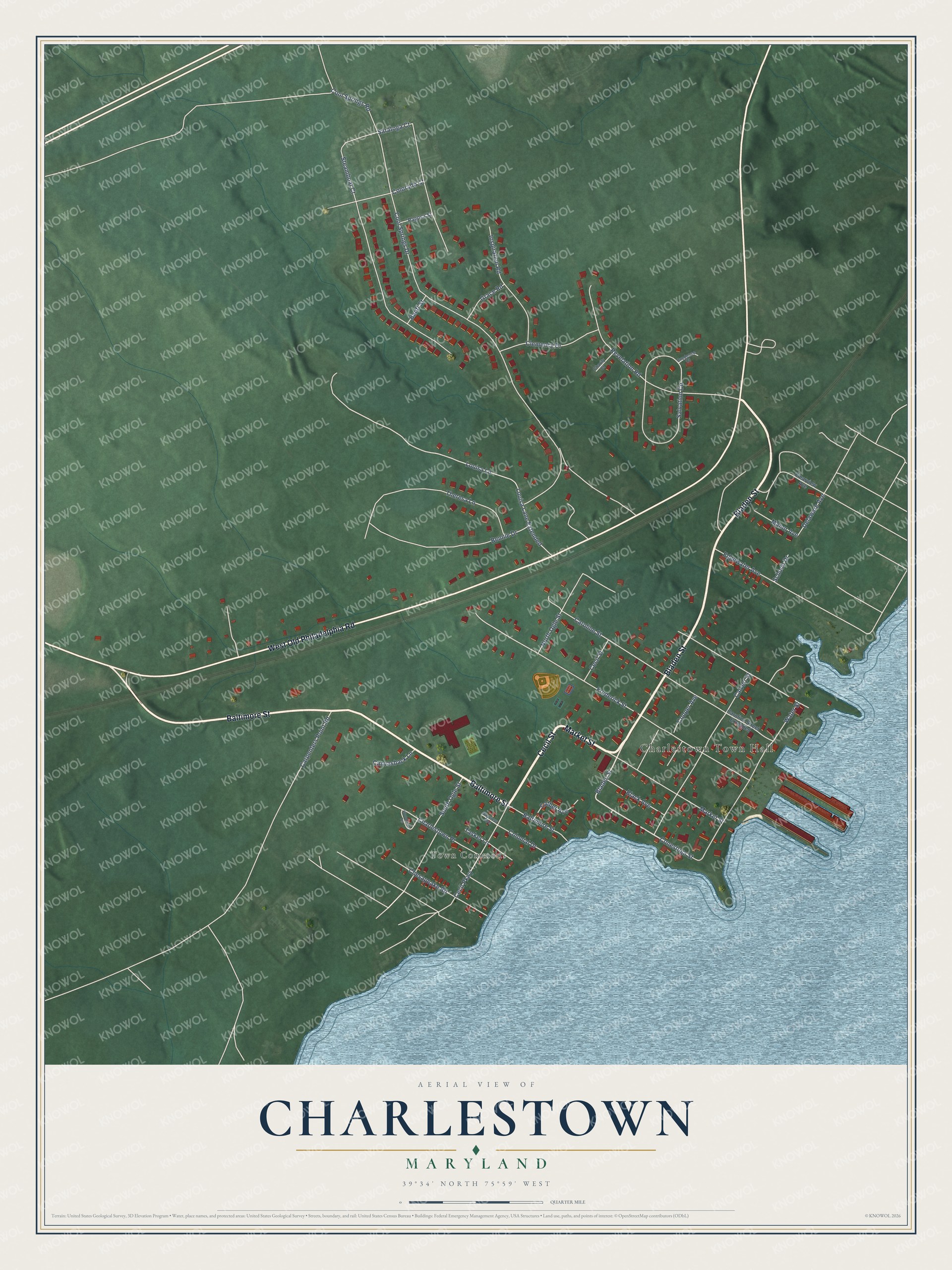 Full map of Charlestown, Maryland, with red buildings, printed street names and the land around them