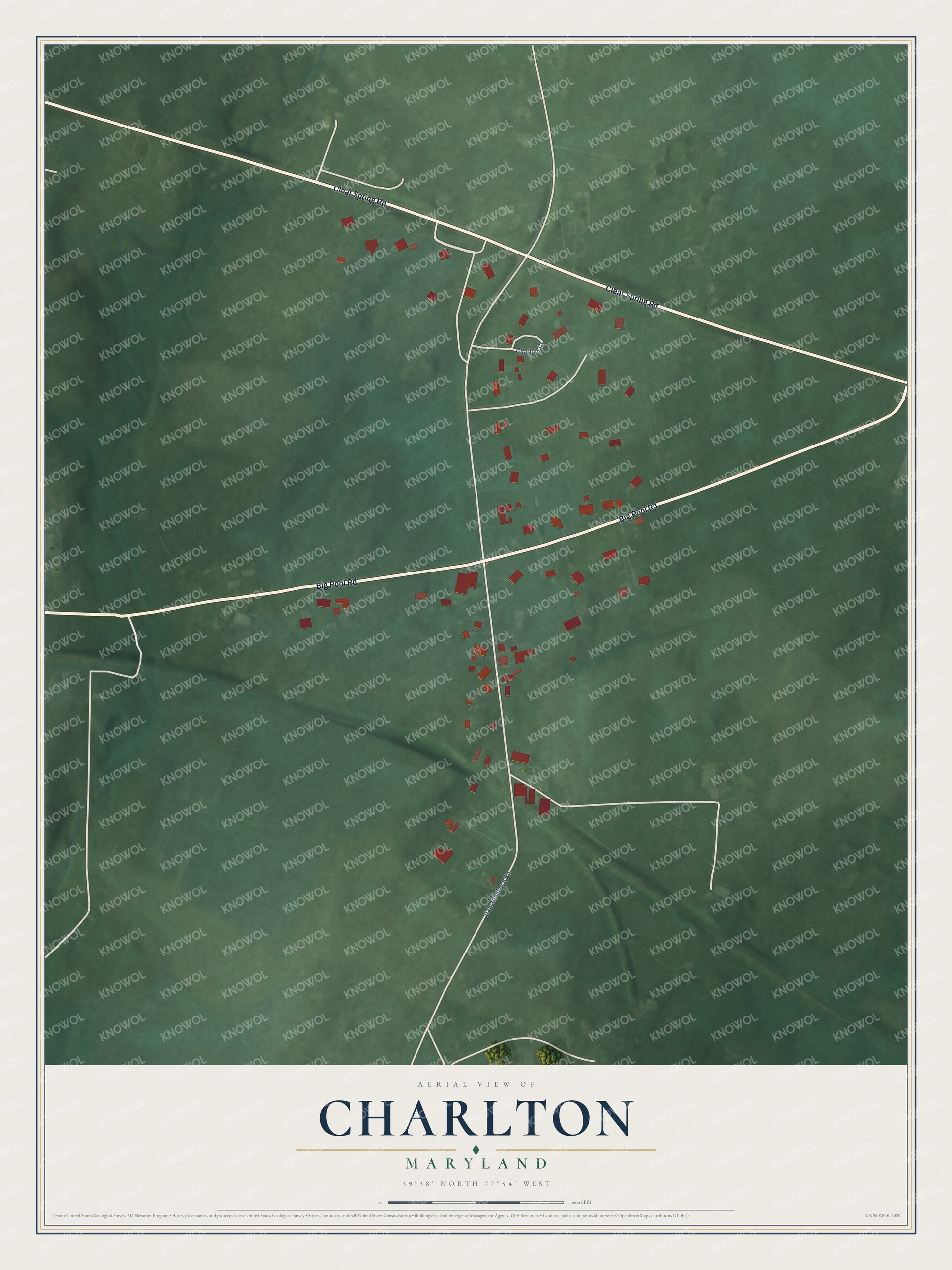 Full map of Charlton, Maryland, with red buildings, printed street names and the land around them