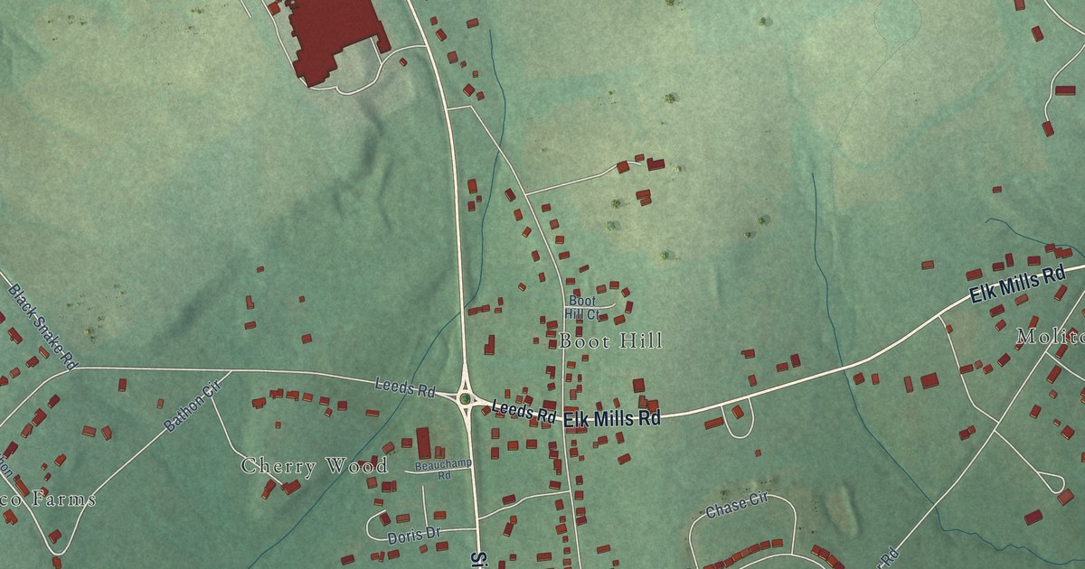 Close-up of streets and buildings in Cherry Hill, Cecil County, Maryland