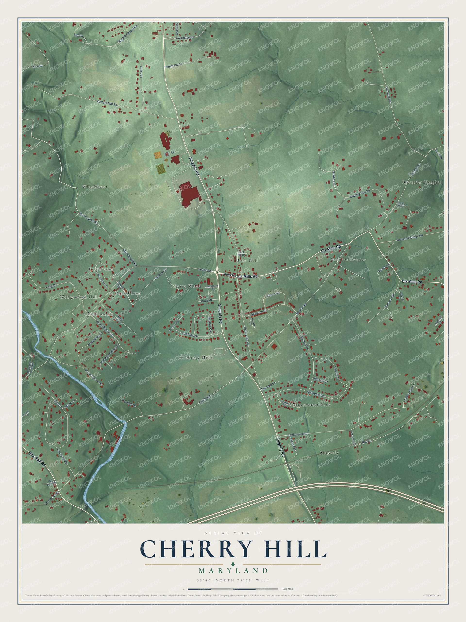 Full map of Cherry Hill, Maryland, with red buildings, printed street names and the land around them