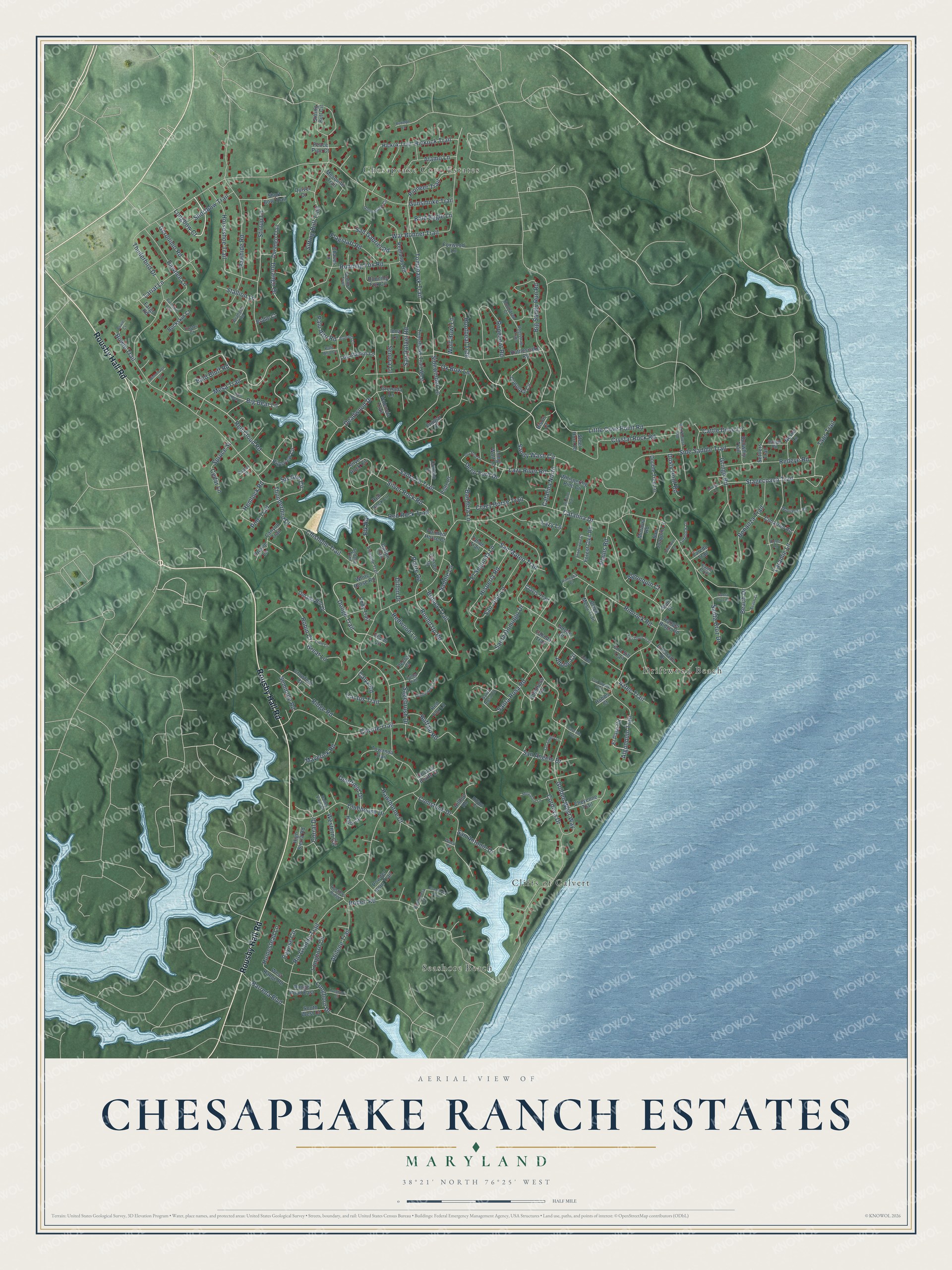 Full map of Chesapeake Ranch Estates, Maryland, with red buildings, printed street names and the land around them