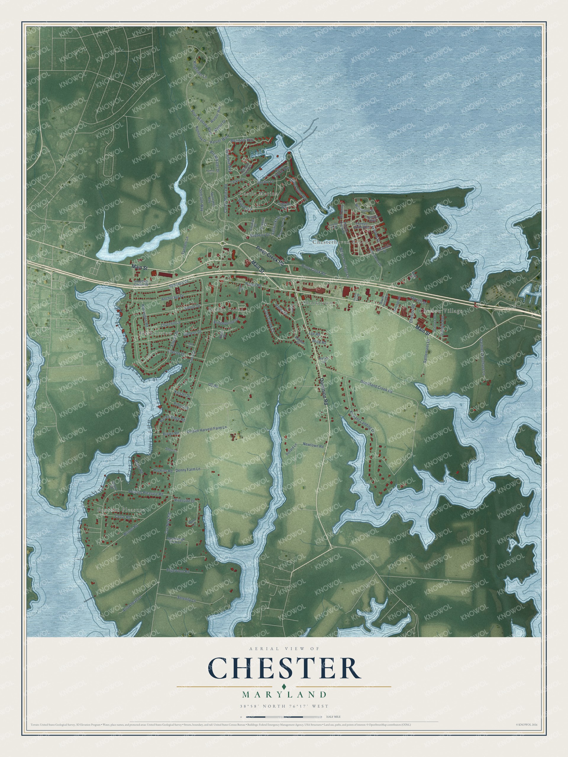 Full map of Chester, Maryland, with red buildings, printed street names and the land around them