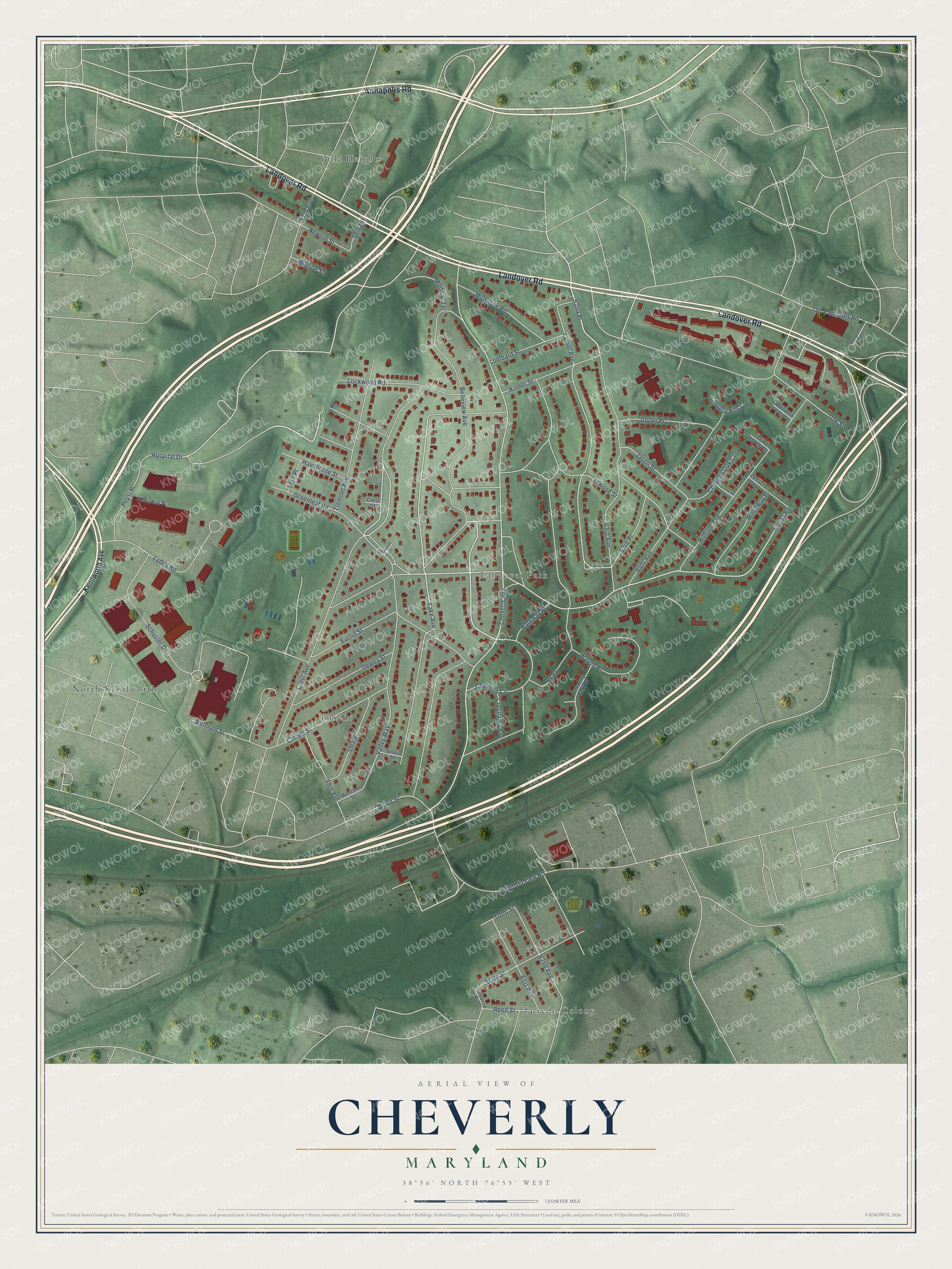 Full map of Cheverly, Maryland, with red buildings, printed street names and the land around them