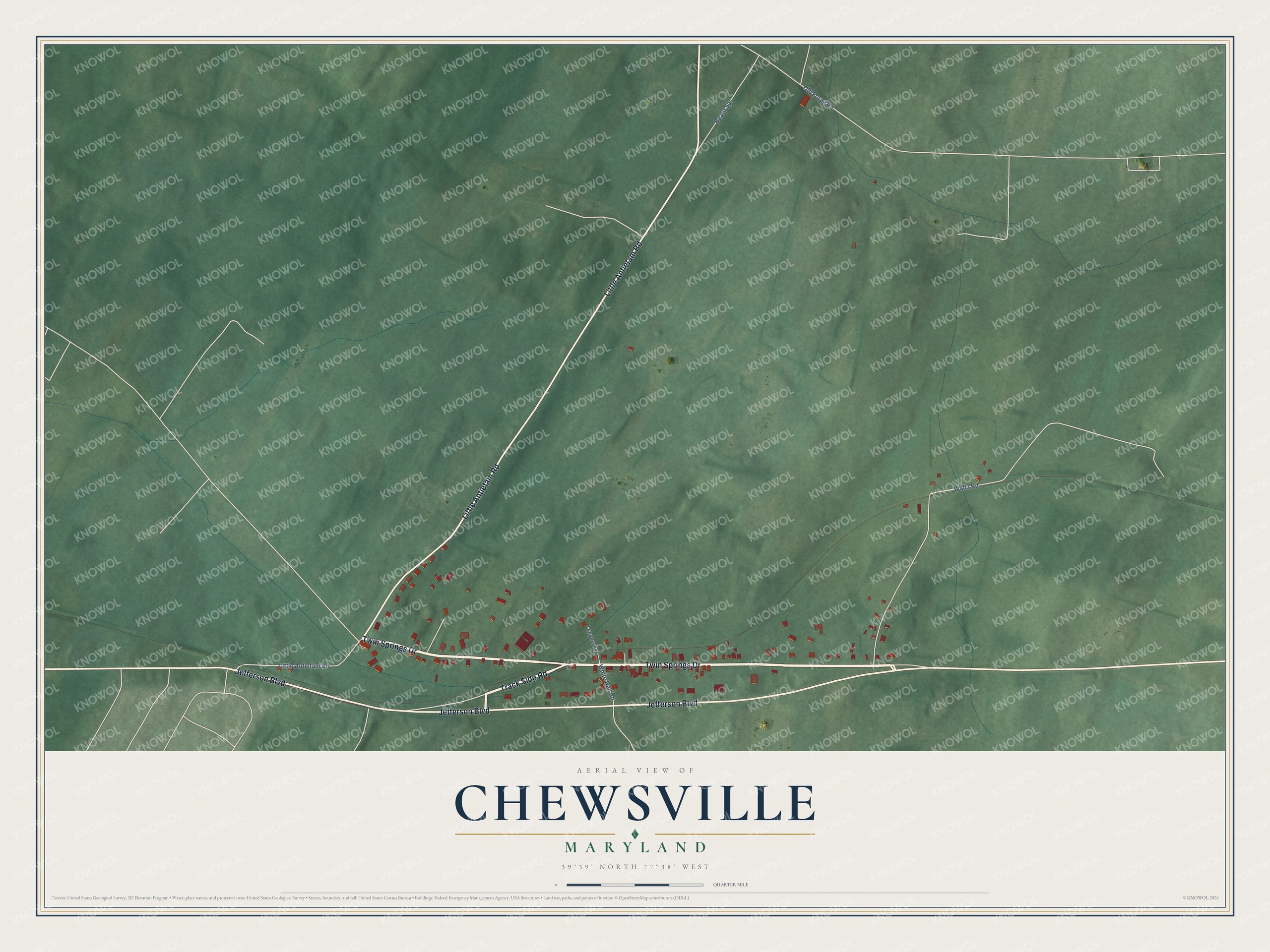 Full map of Chewsville, Maryland, with red buildings, printed street names and the land around them