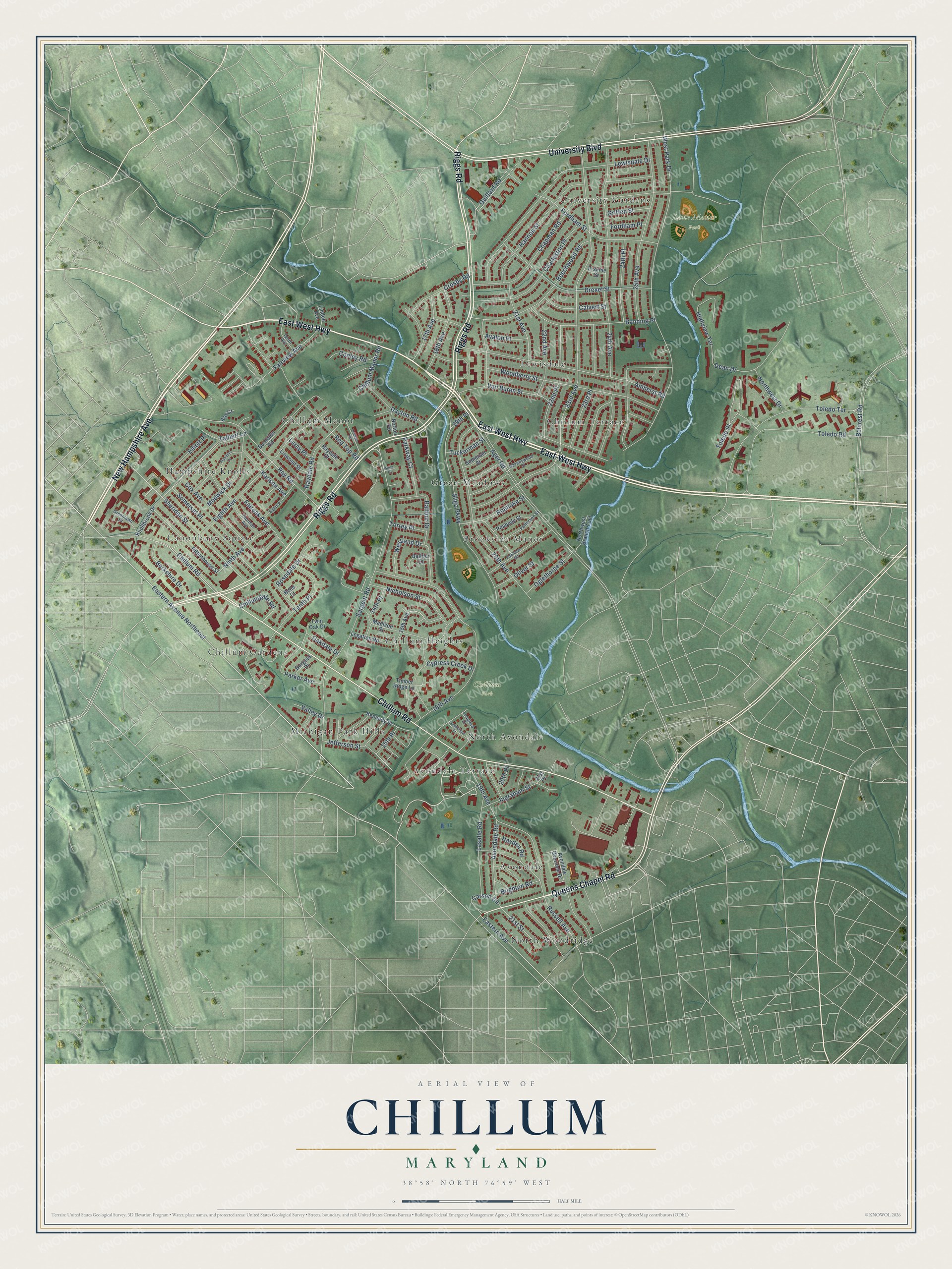 Full map of Chillum, Maryland, with red buildings, printed street names and the land around them