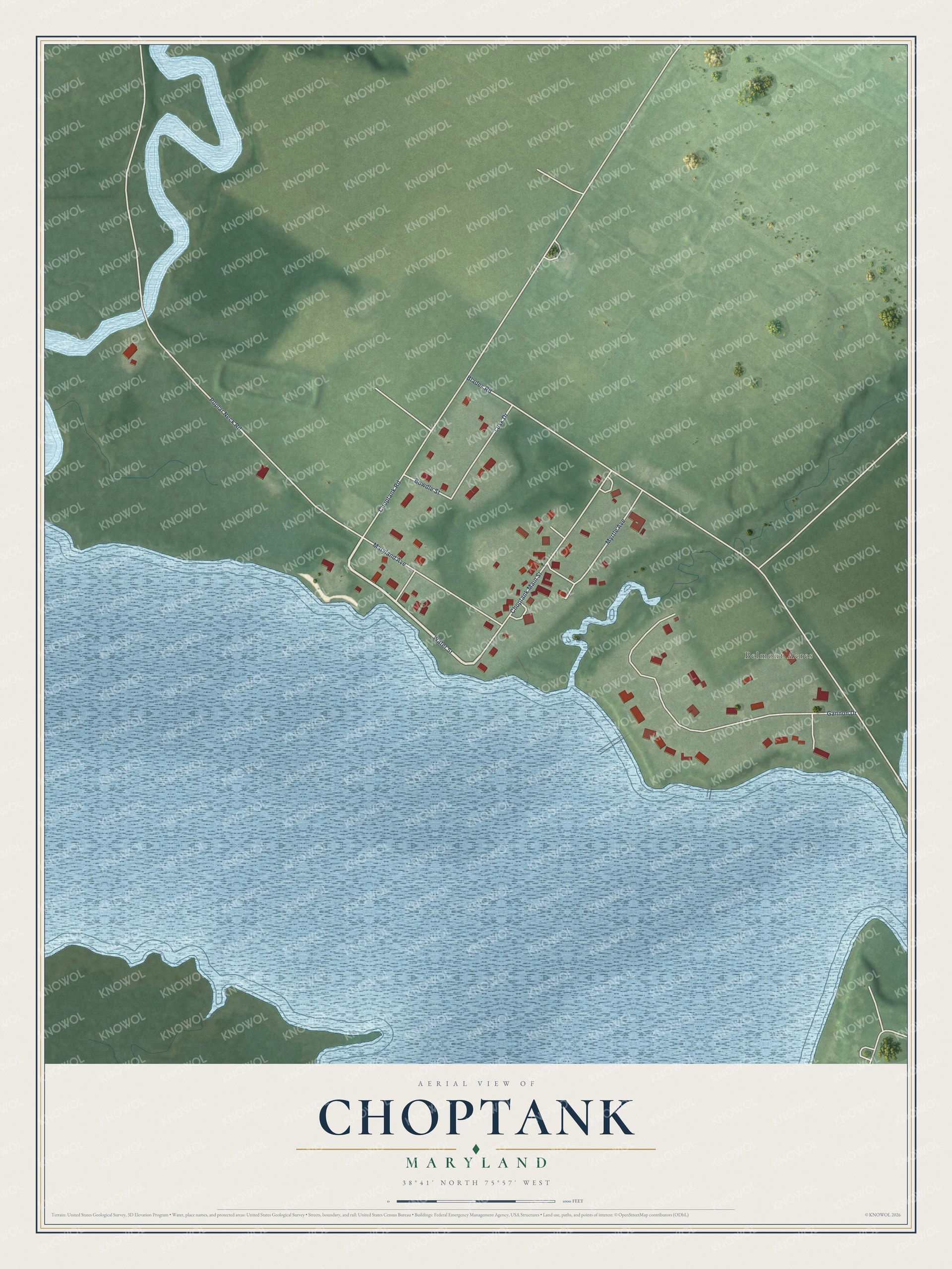 Full map of Choptank, Maryland, with red buildings, printed street names and the land around them