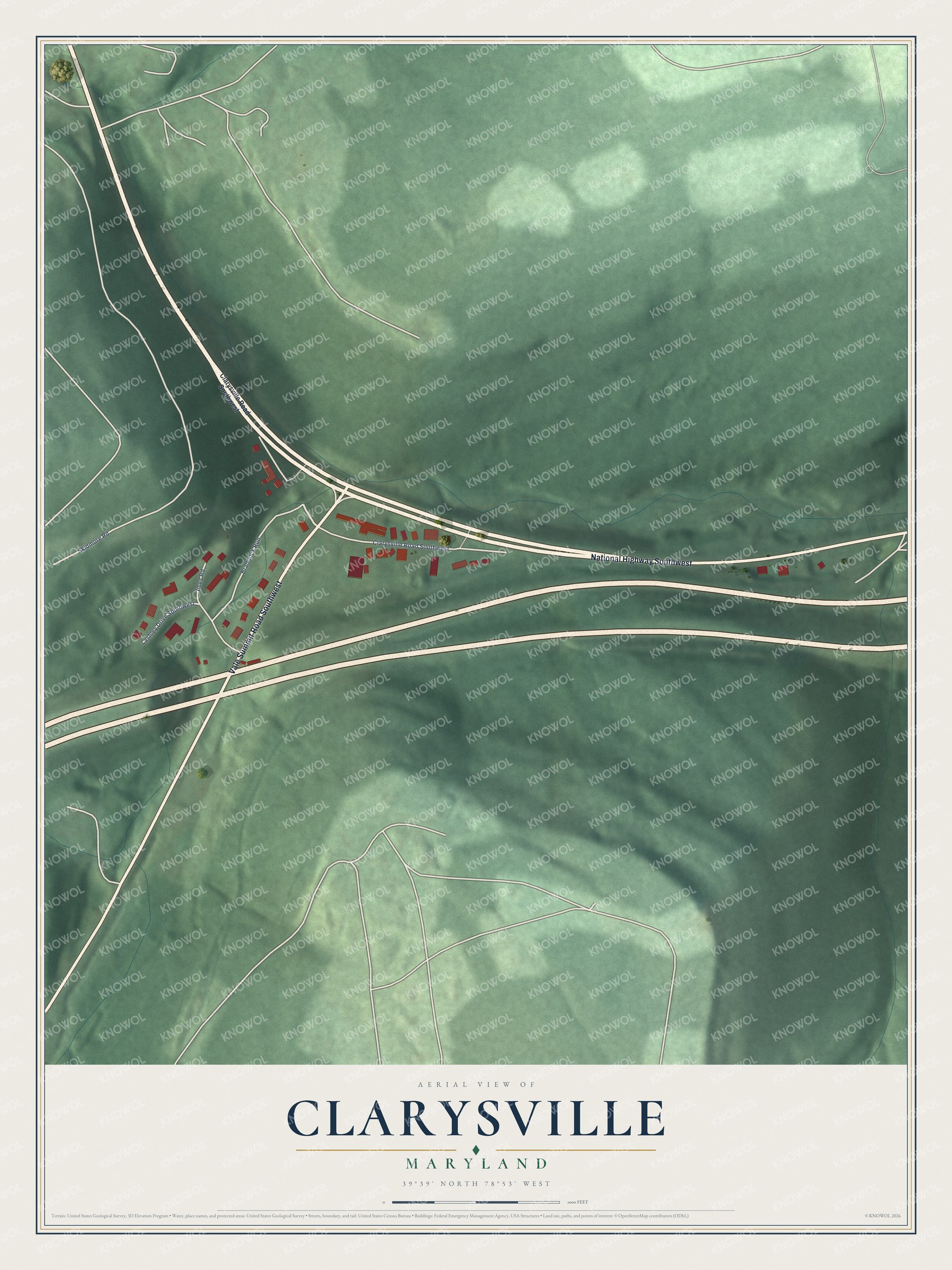Full map of Clarysville, Maryland, with red buildings, printed street names and the land around them