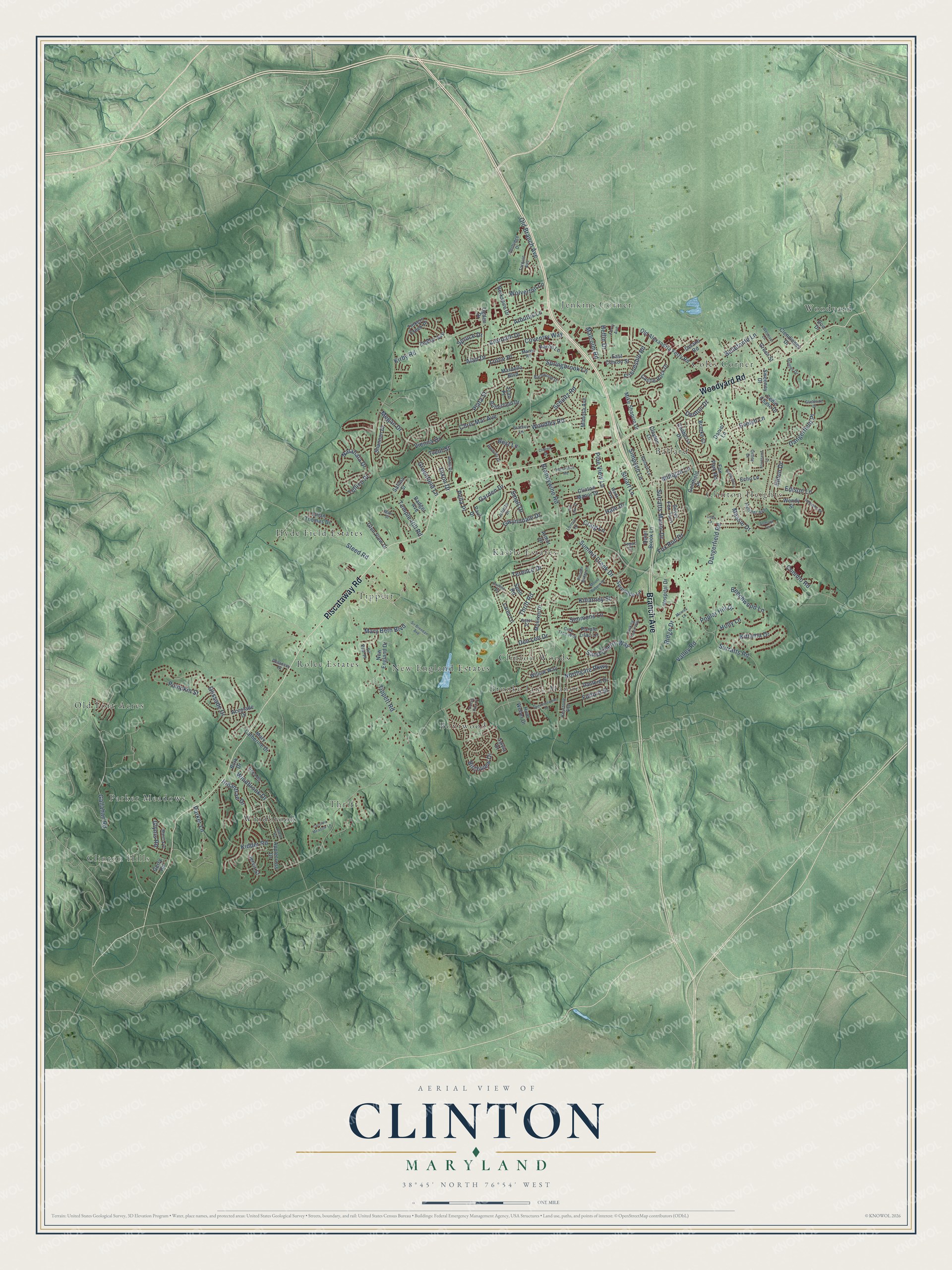 Full map of Clinton, Maryland, with red buildings, printed street names and the land around them