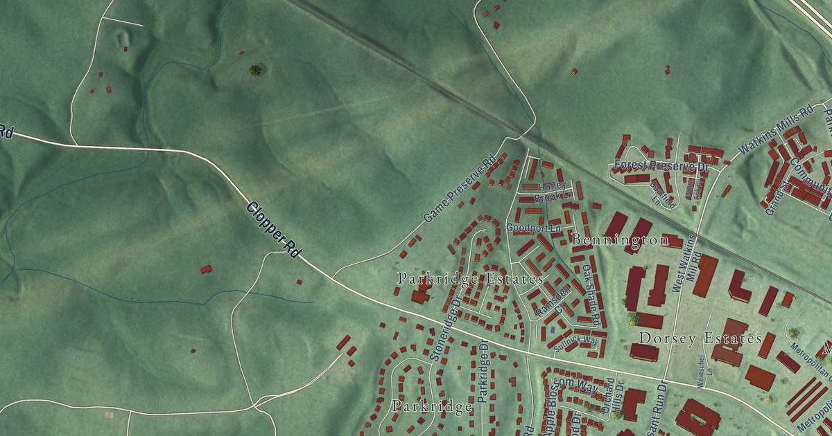 Close-up of streets and buildings in Clopper, Maryland