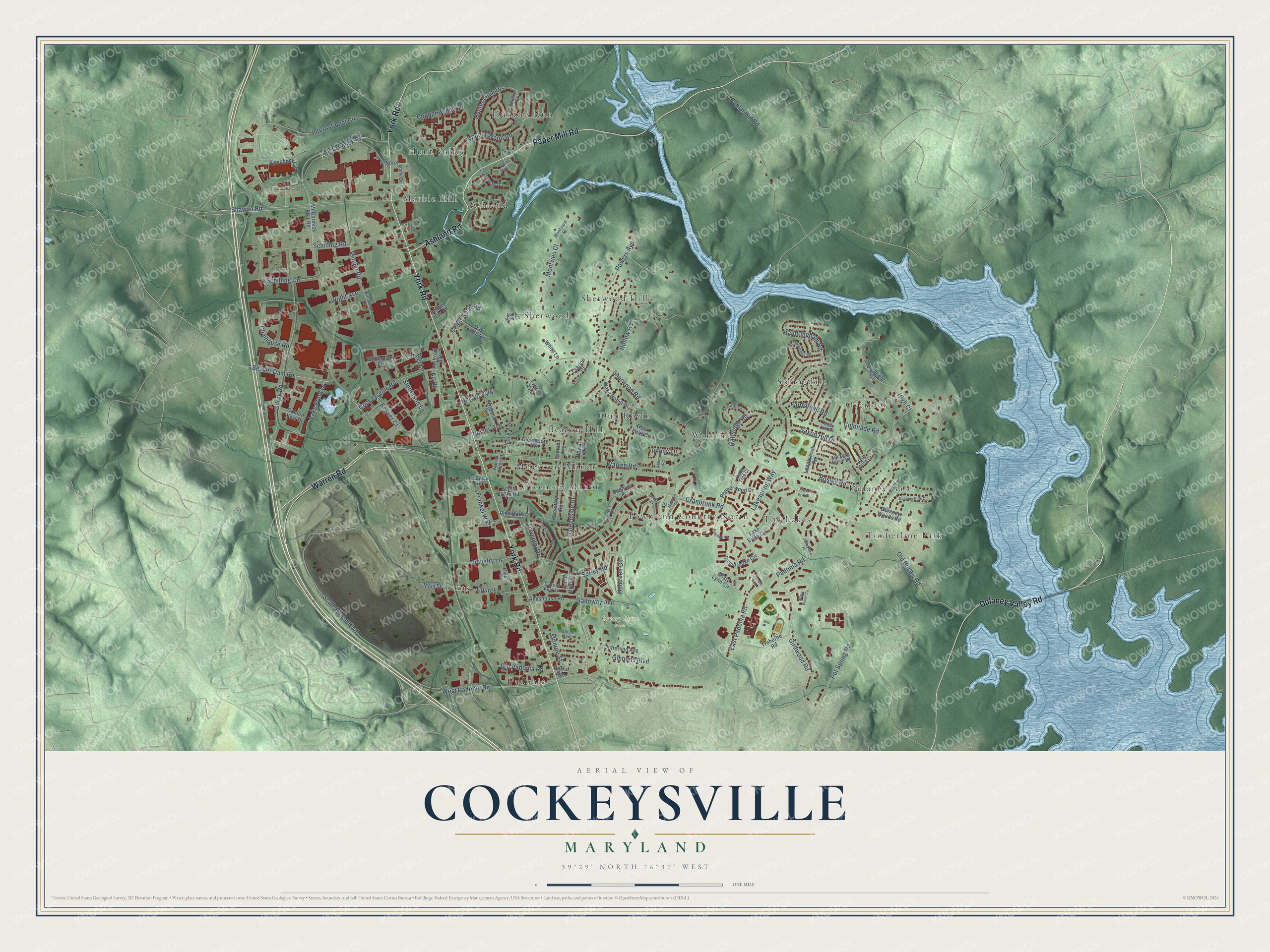 Full map of Cockeysville, Maryland, with red buildings, printed street names and the land around them