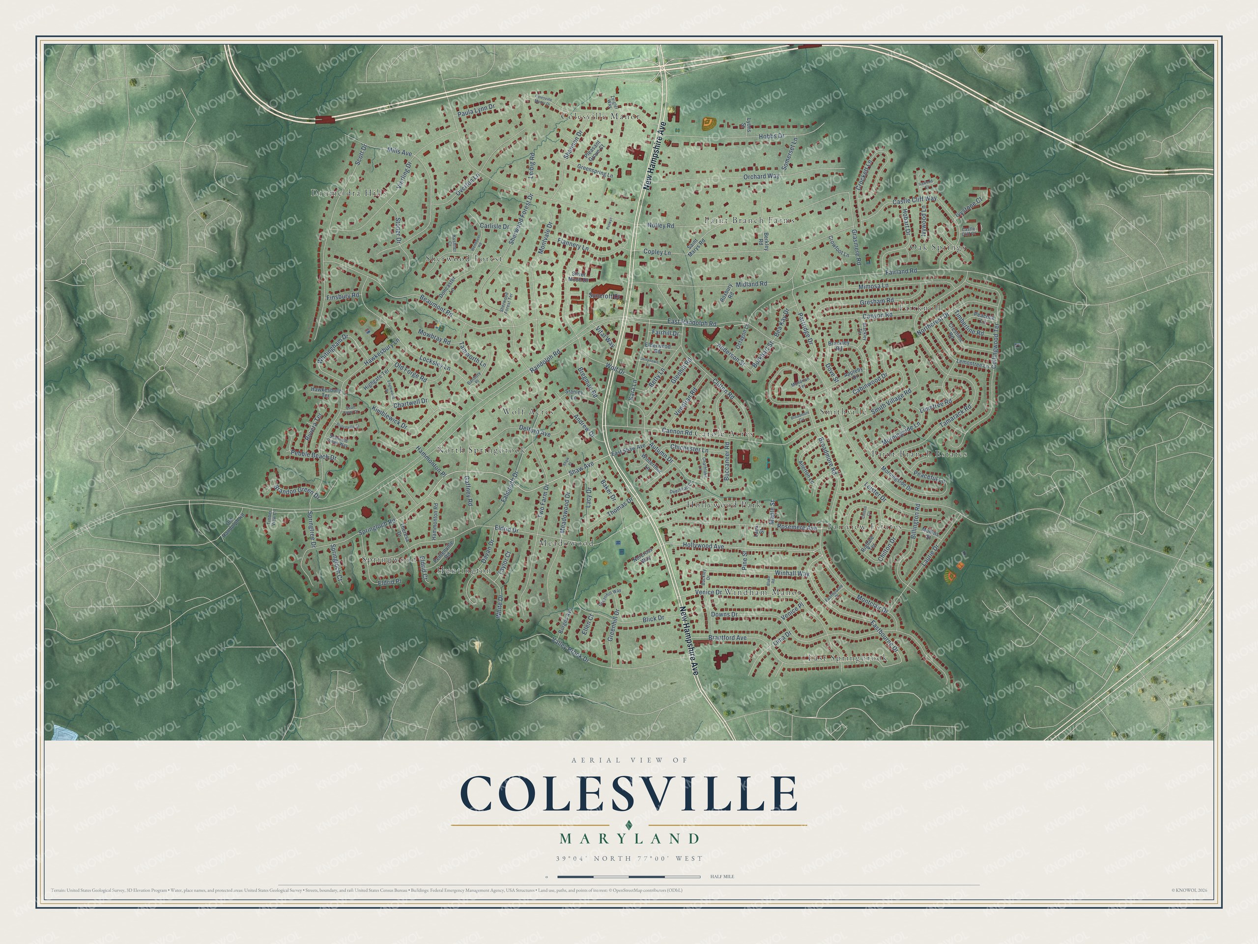 Full map of Colesville, Maryland, with red buildings, printed street names and the land around them
