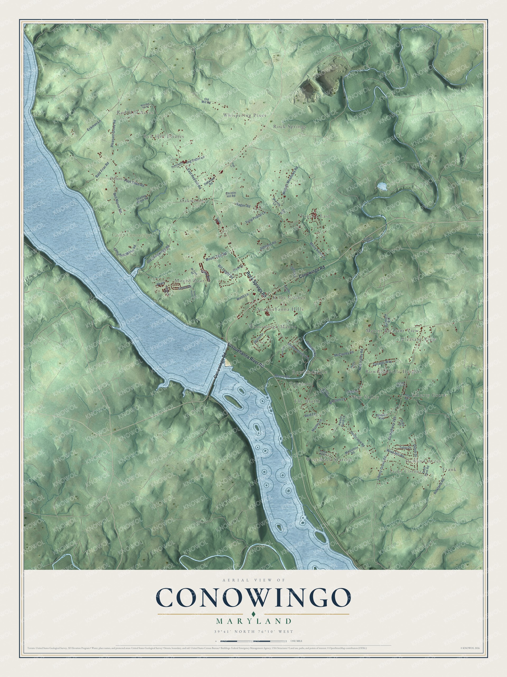 Full map of Conowingo, Maryland, with red buildings, printed street names and the land around them
