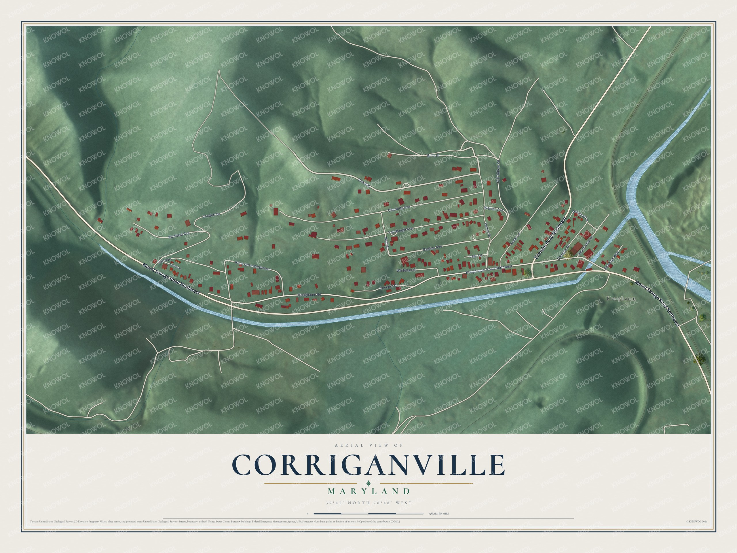 Full map of Corriganville, Maryland, with red buildings, printed street names and the land around them
