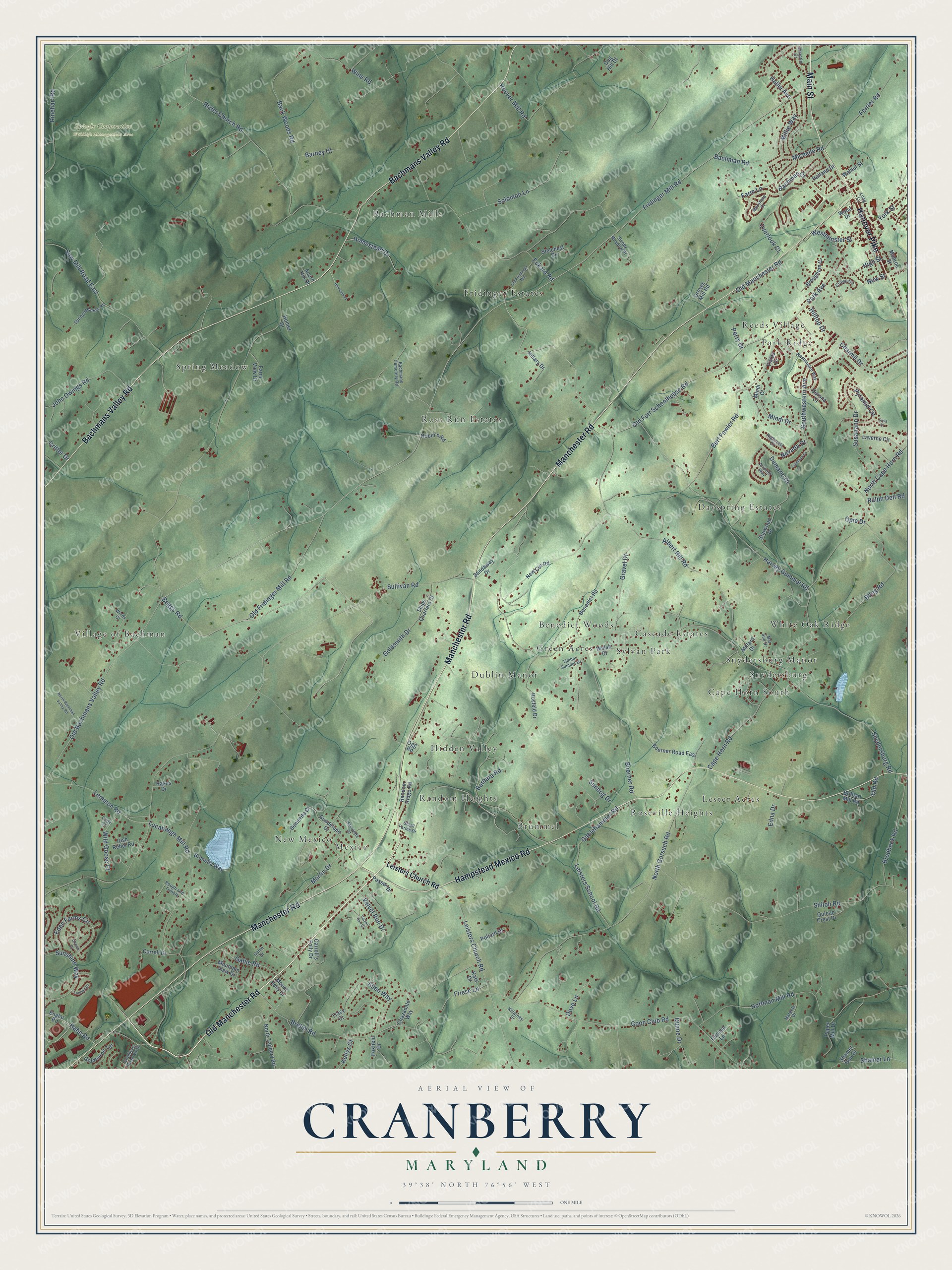 Full map of Cranberry, Maryland, with red buildings, printed street names and the land around them