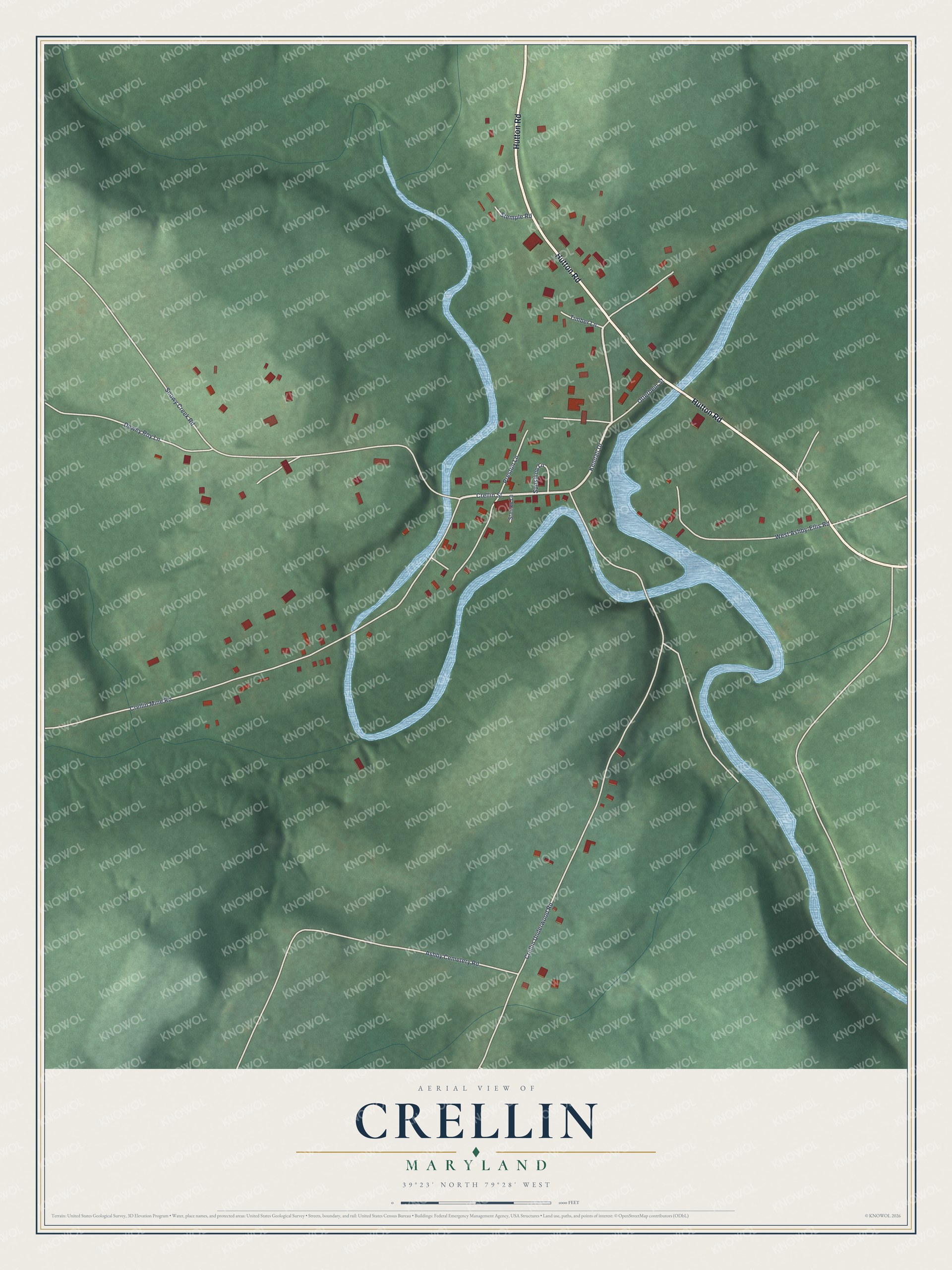 Full map of Crellin, Maryland, with red buildings, printed street names and the land around them