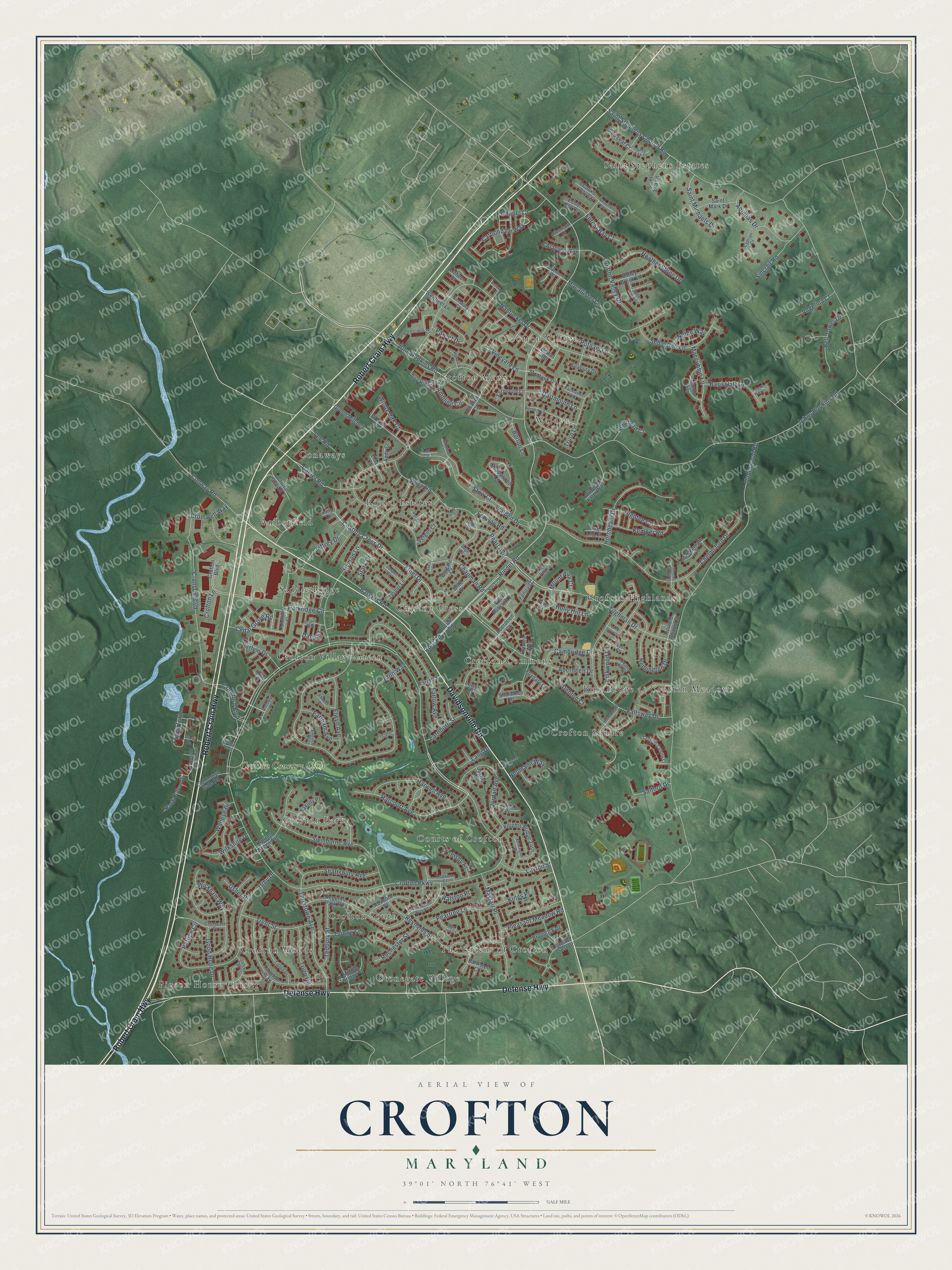 Full map of Crofton, Maryland, with red buildings, printed street names and the land around them