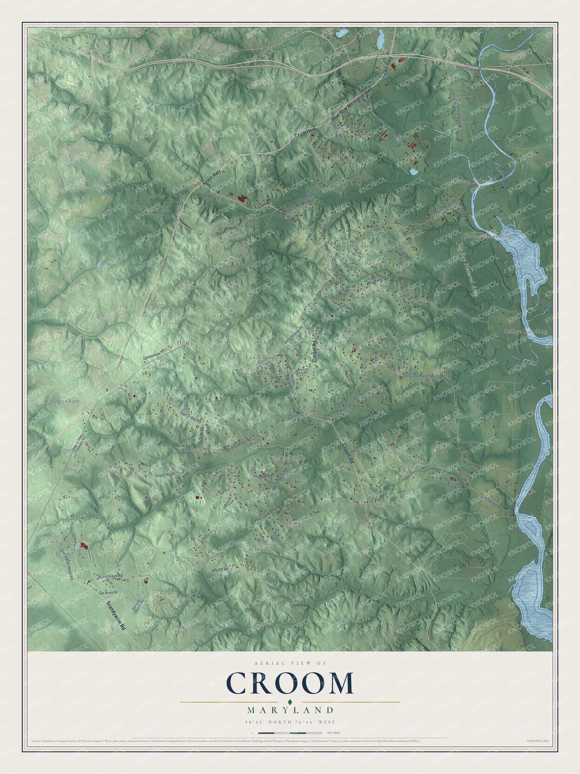 Full map of Croom, Maryland, with red buildings, printed street names and the land around them