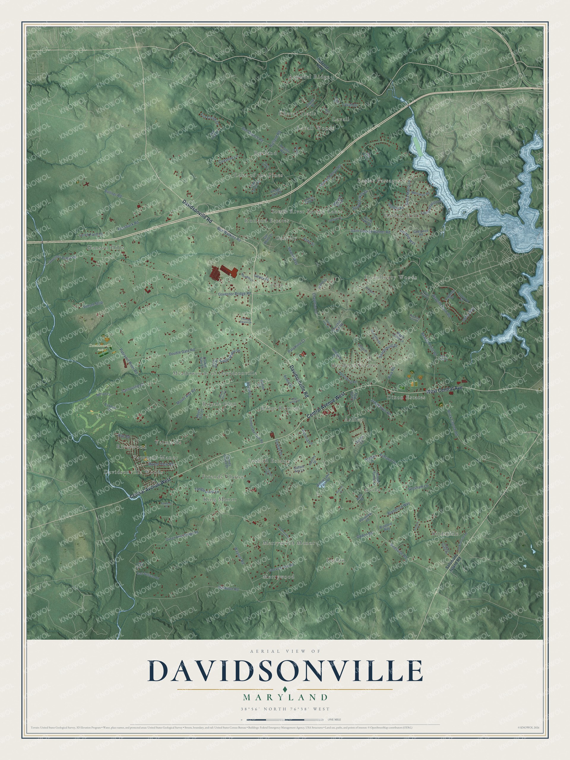 Full map of Davidsonville, Maryland, with red buildings, printed street names and the land around them