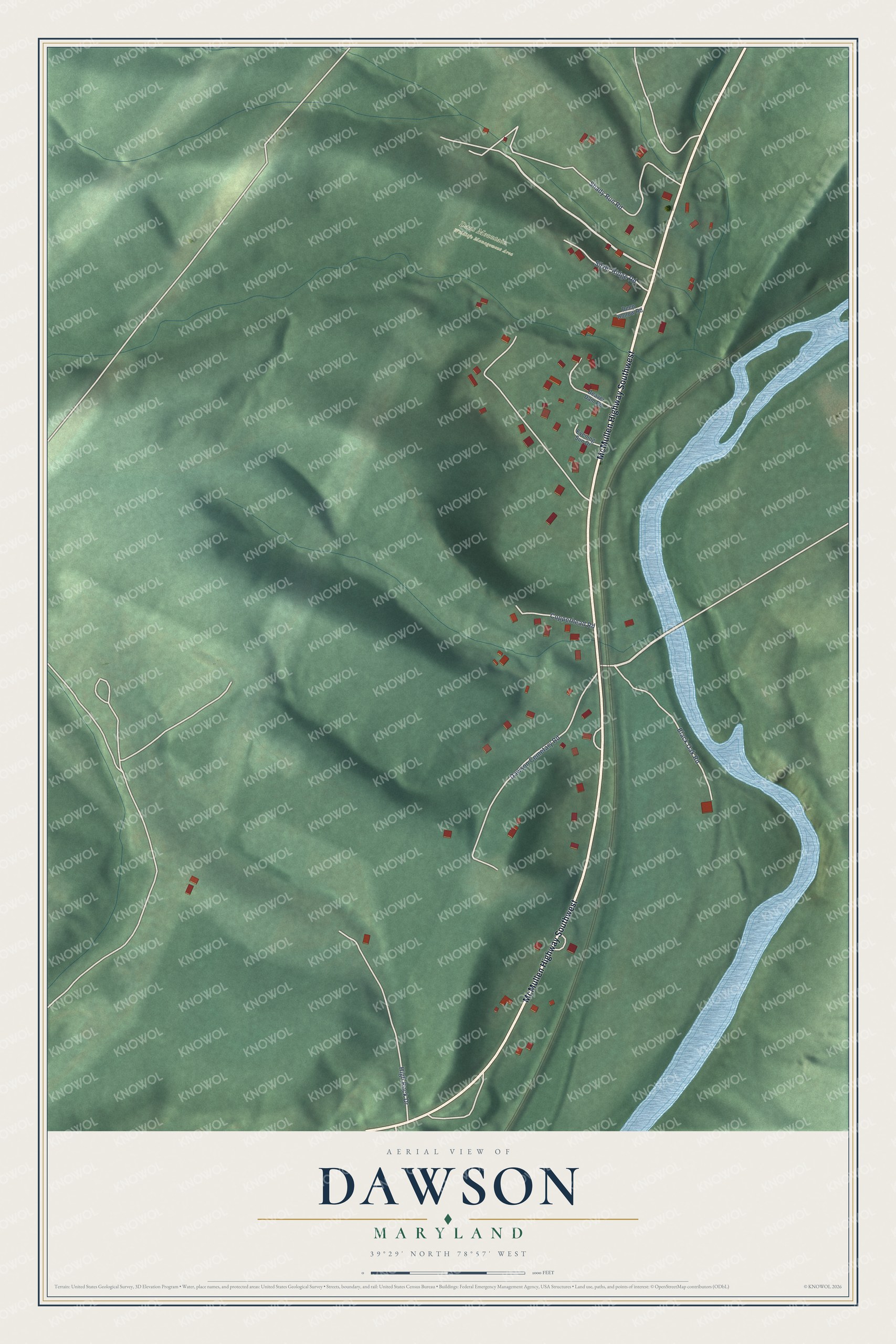 Full map of Dawson, Maryland, with red buildings, printed street names and the land around them