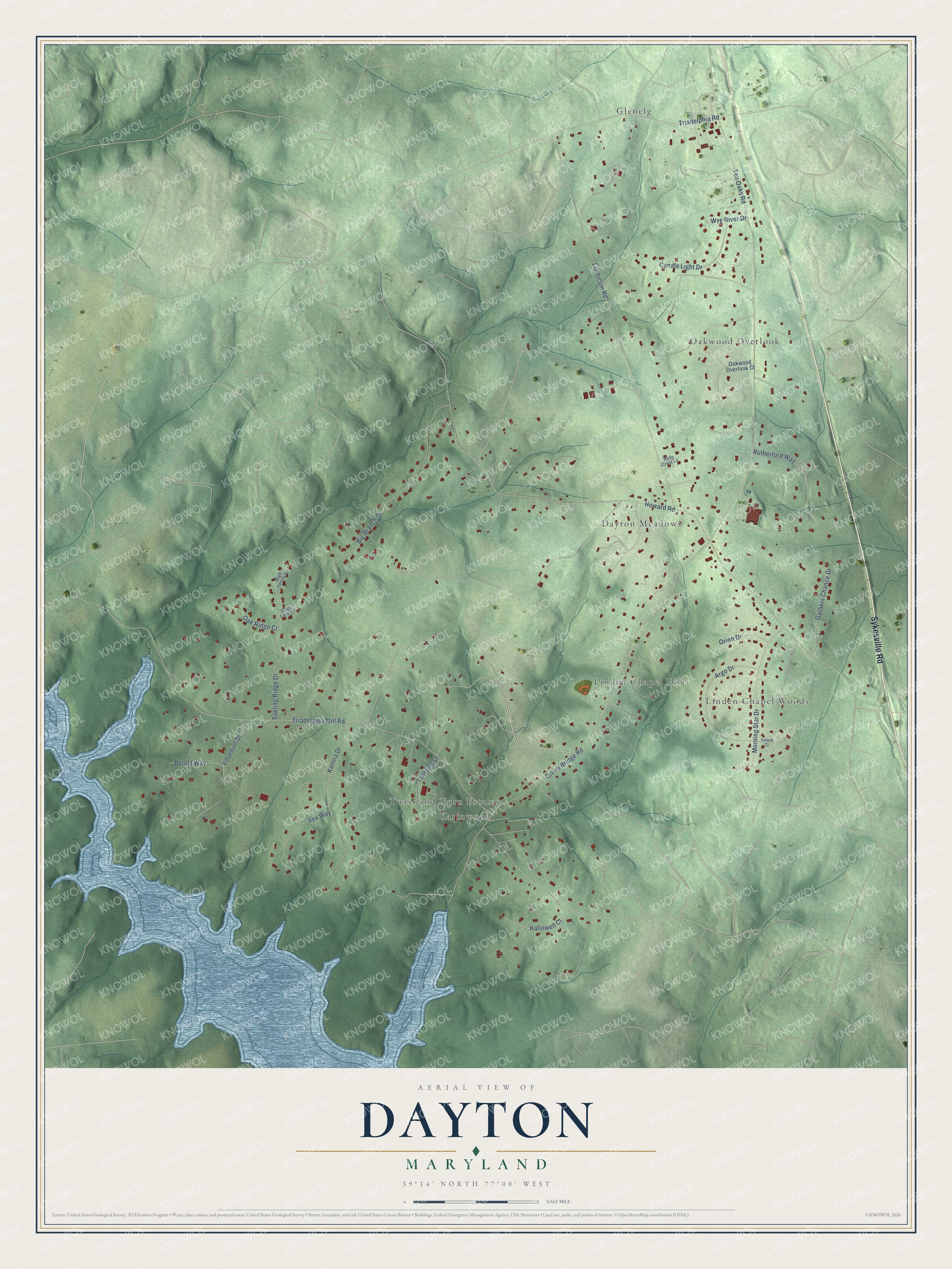 Full map of Dayton, Maryland, with red buildings, printed street names and the land around them