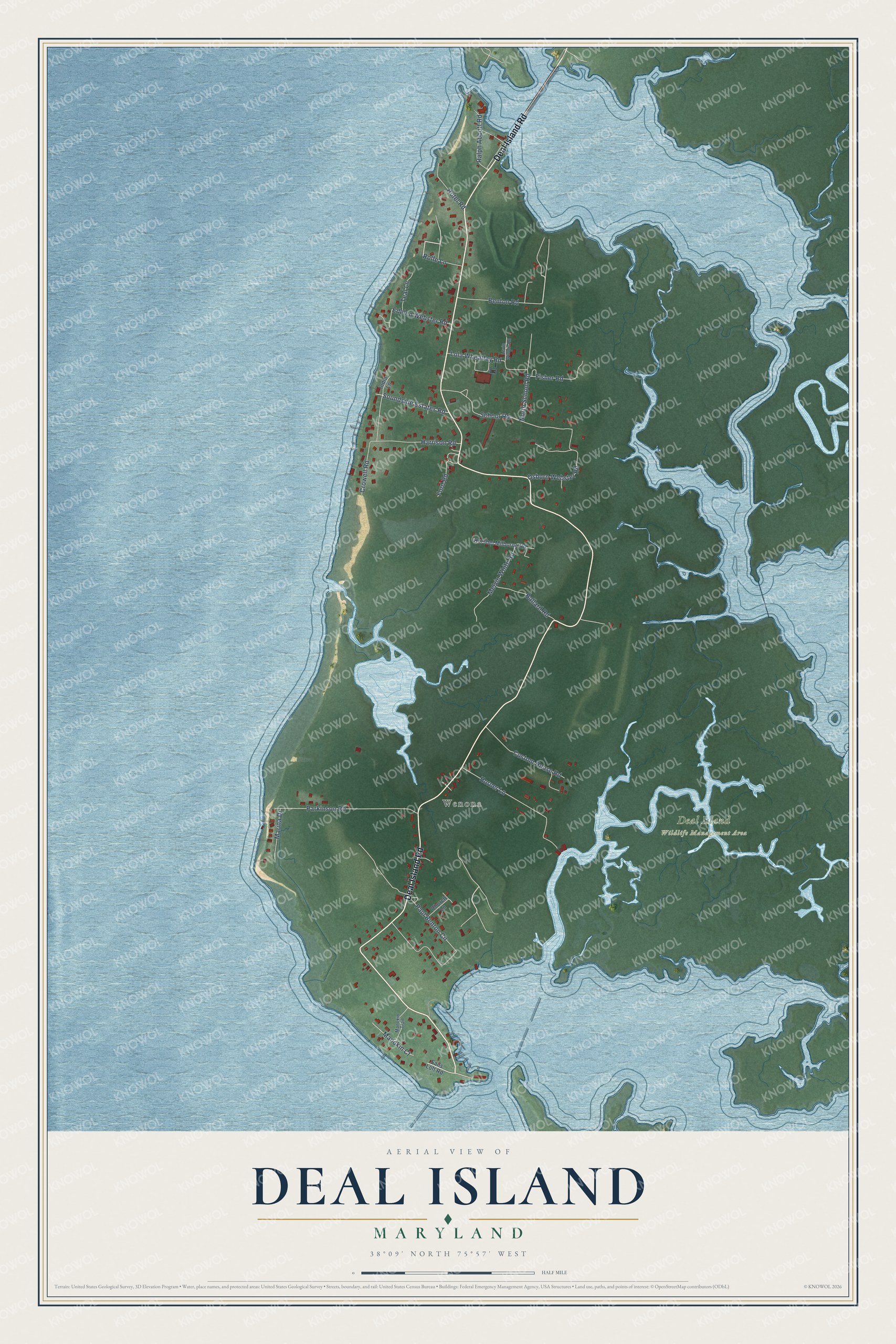 Full map of Deal Island, Maryland, with red buildings, printed street names and the land around them