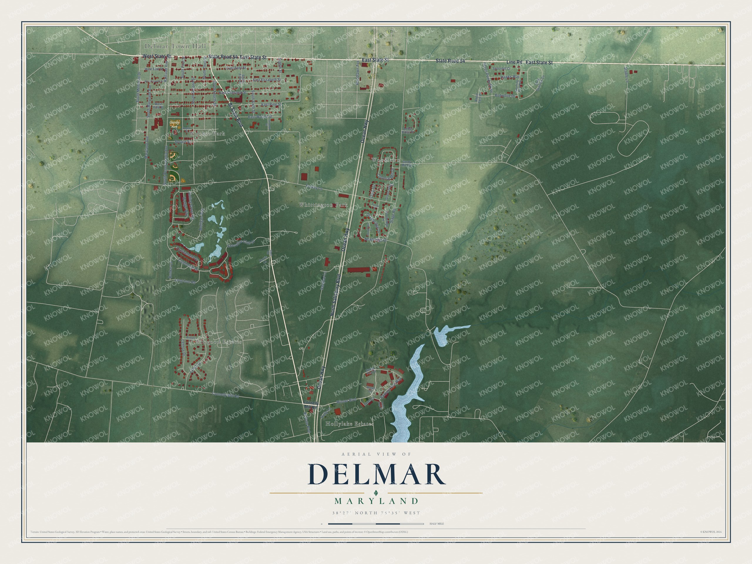 Full map of Delmar, Maryland, with red buildings, printed street names and the land around them