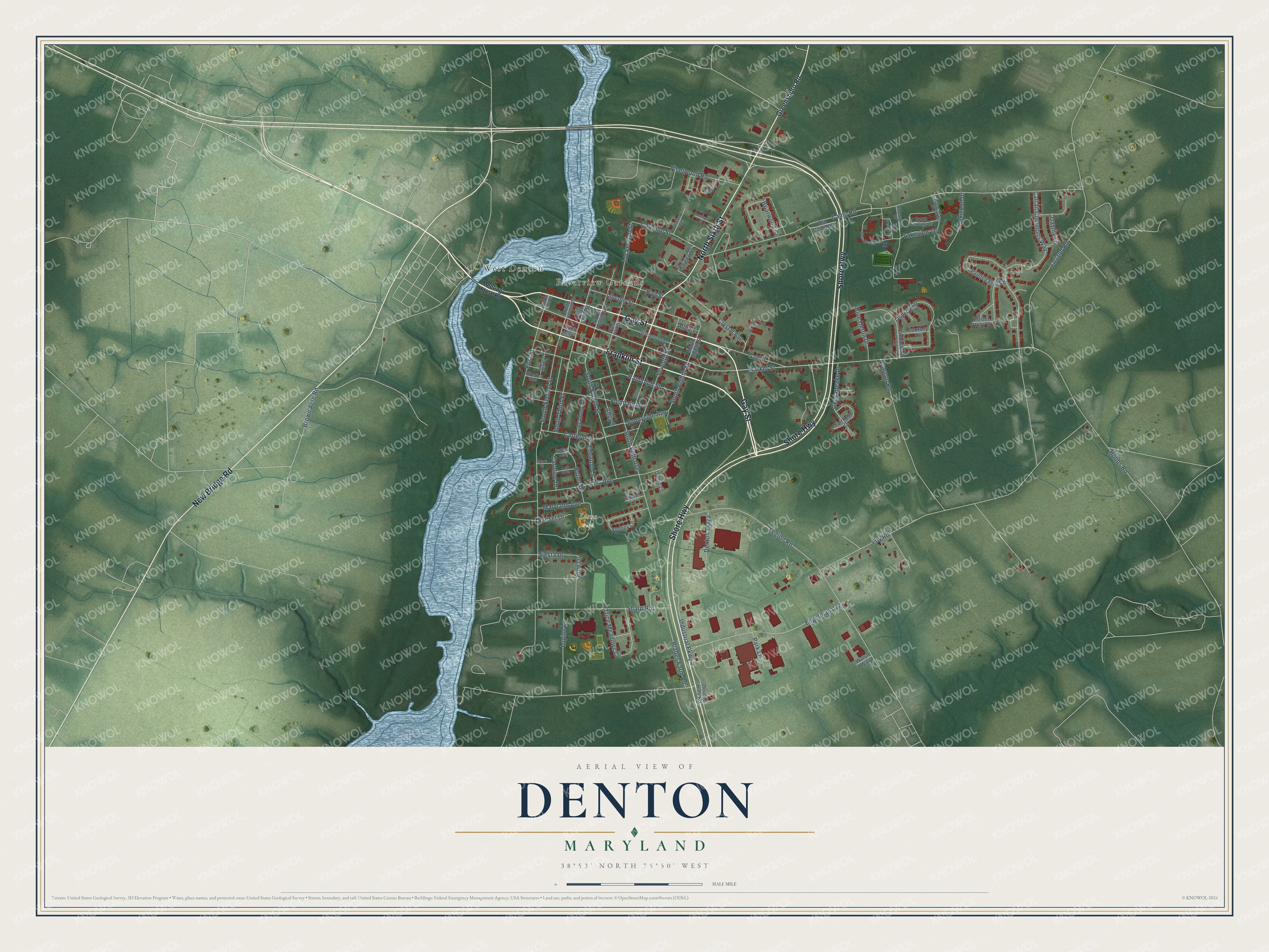Full map of Denton, Maryland, with red buildings, printed street names and the land around them