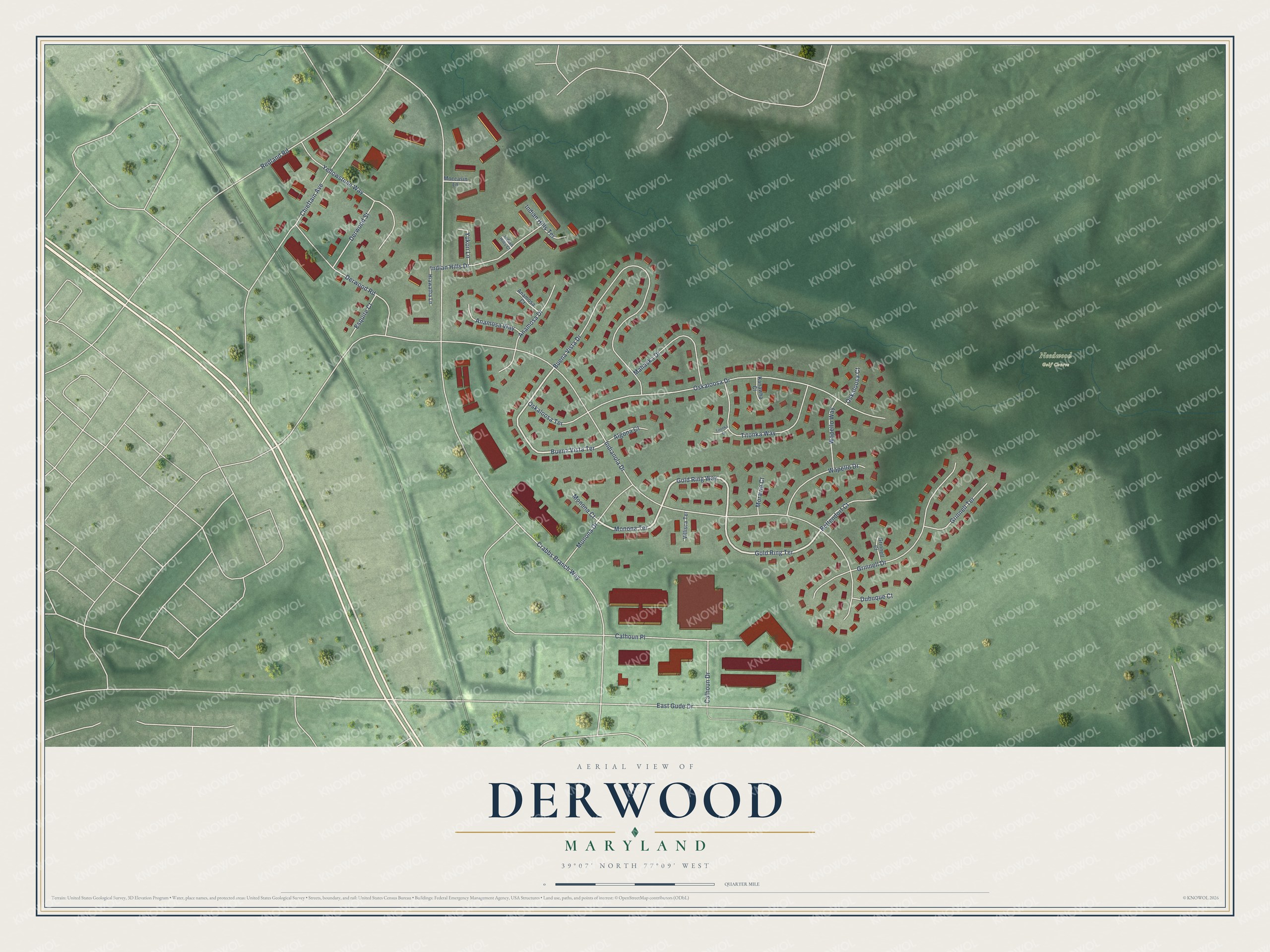 Full map of Derwood, Maryland, with red buildings, printed street names and the land around them
