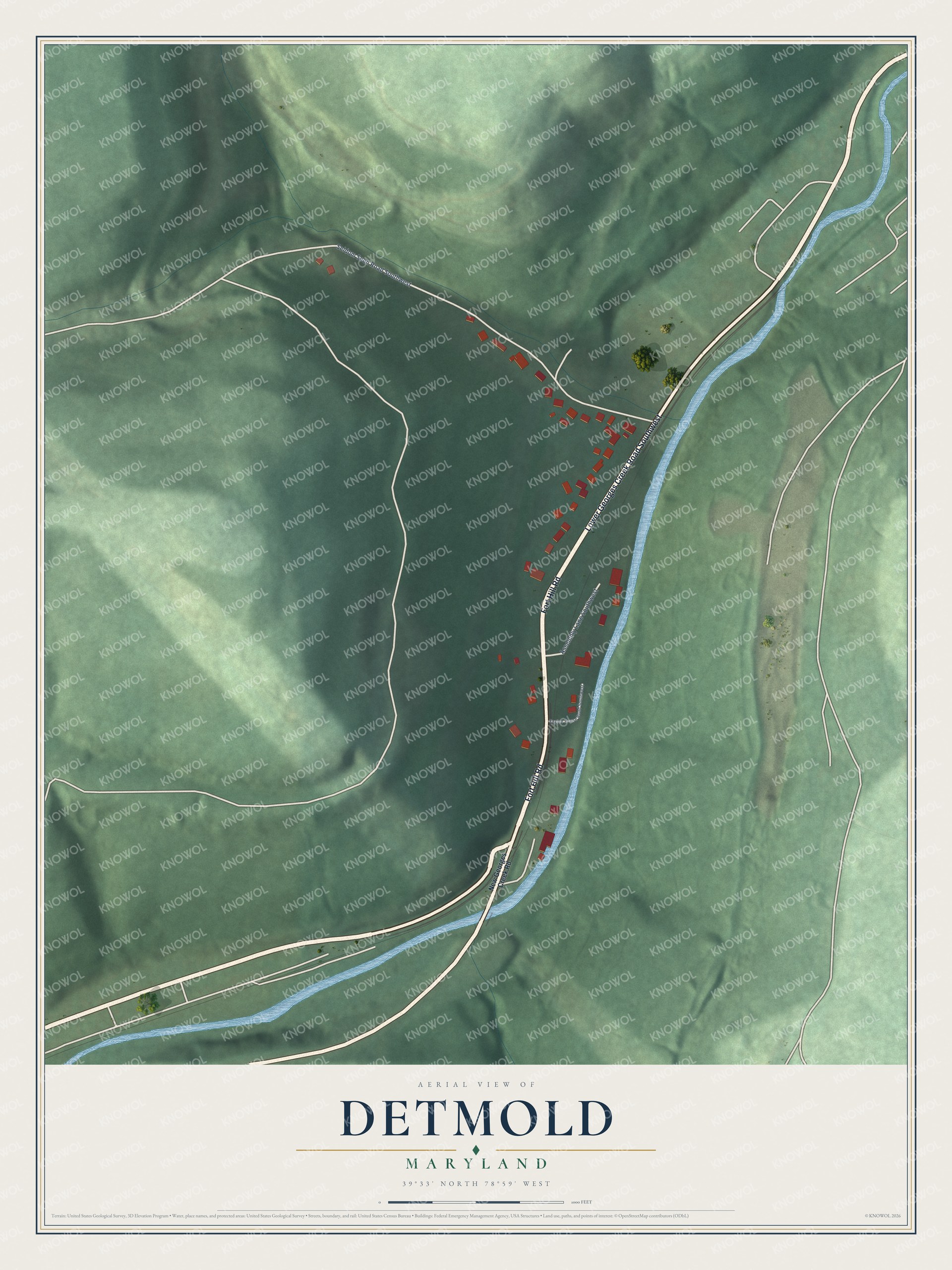 Full map of Detmold, Maryland, with red buildings, printed street names and the land around them