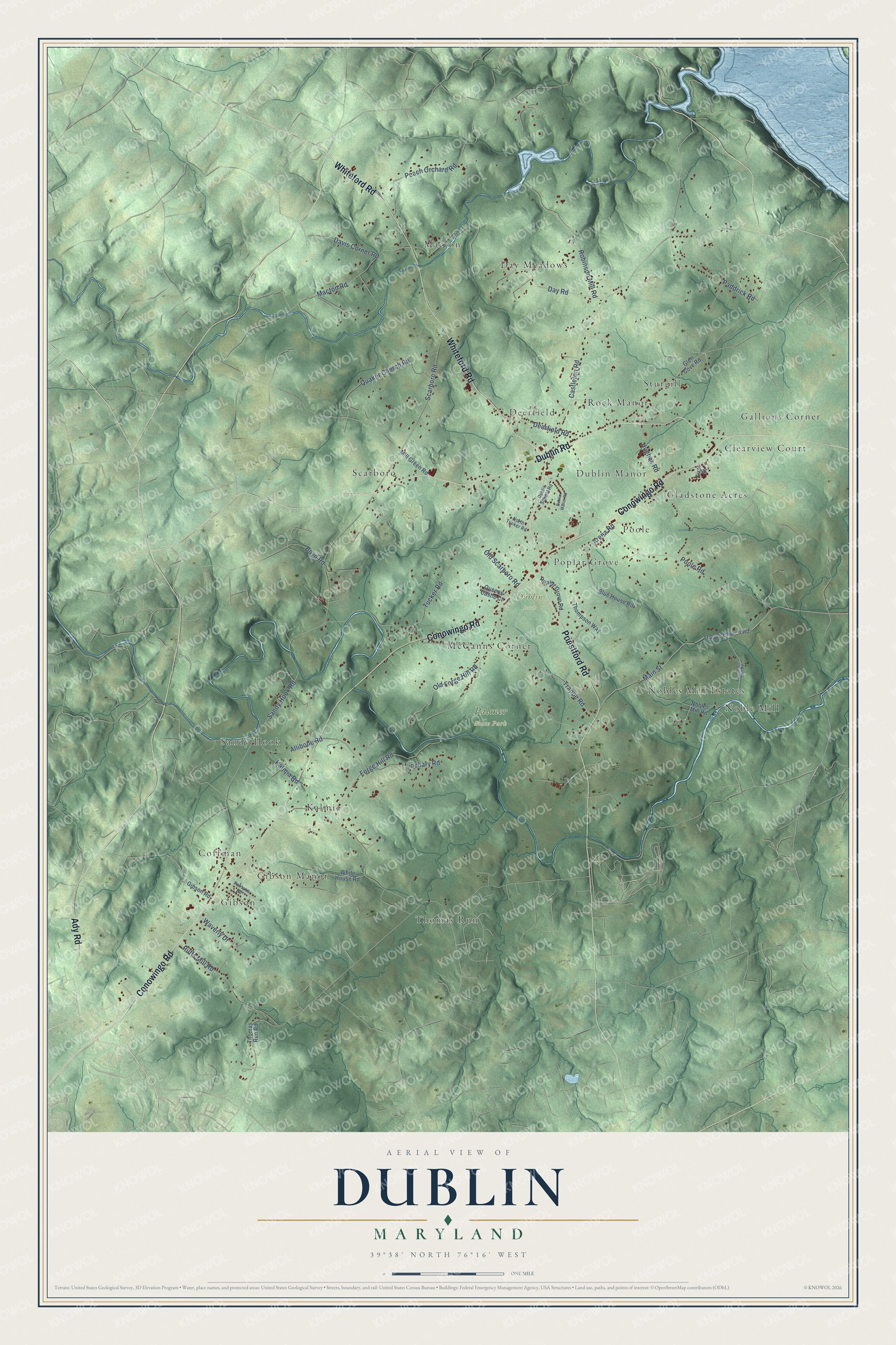Full map of Dublin, Maryland, with red buildings, printed street names and the land around them