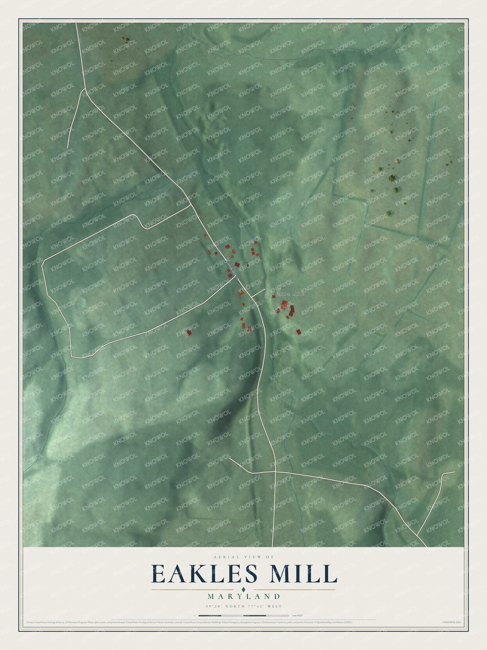 Full map of Eakles Mill, Maryland, with red buildings, printed street names and the land around them