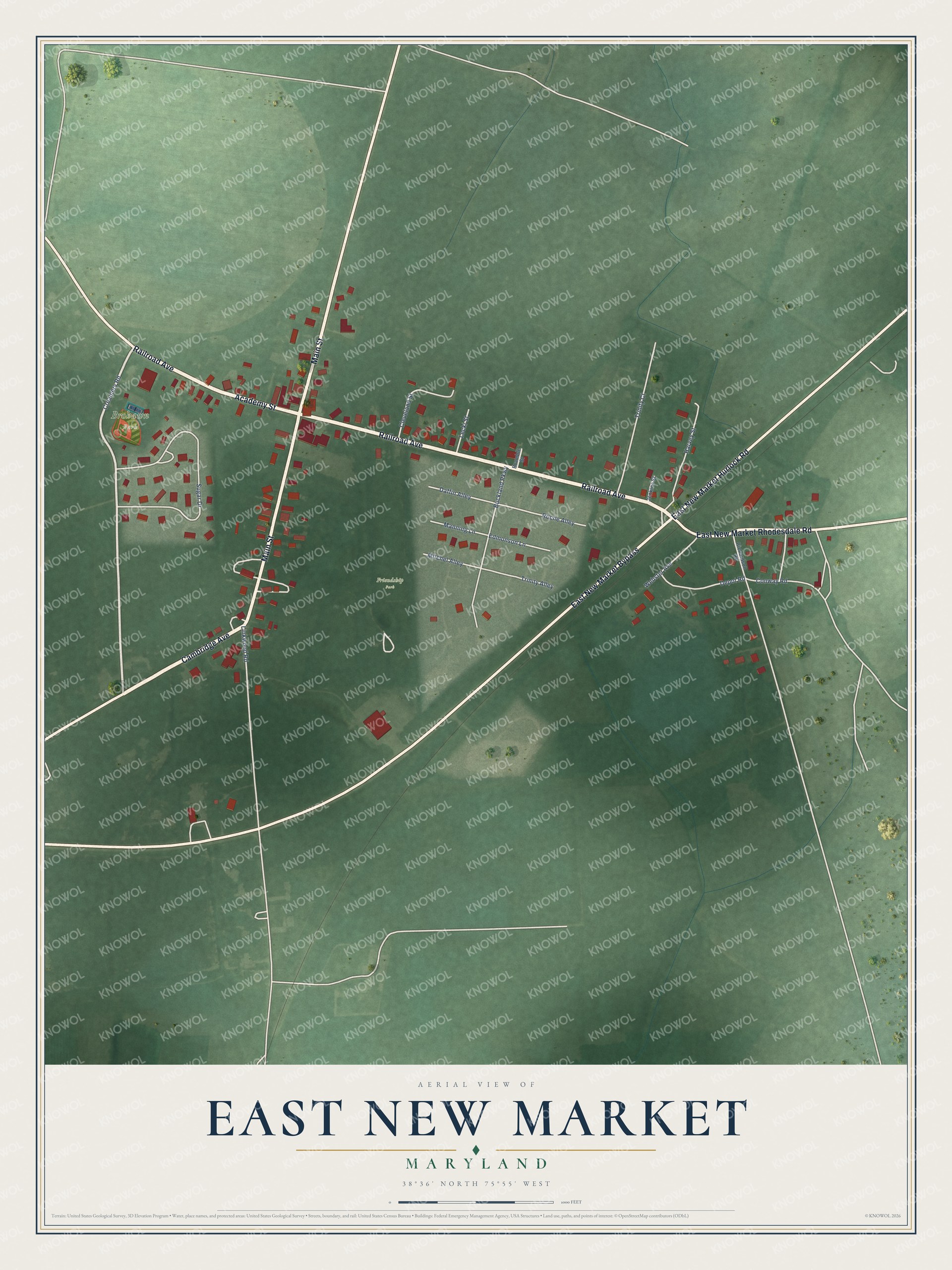 Full map of East New Market, Maryland, with red buildings, printed street names and the land around them