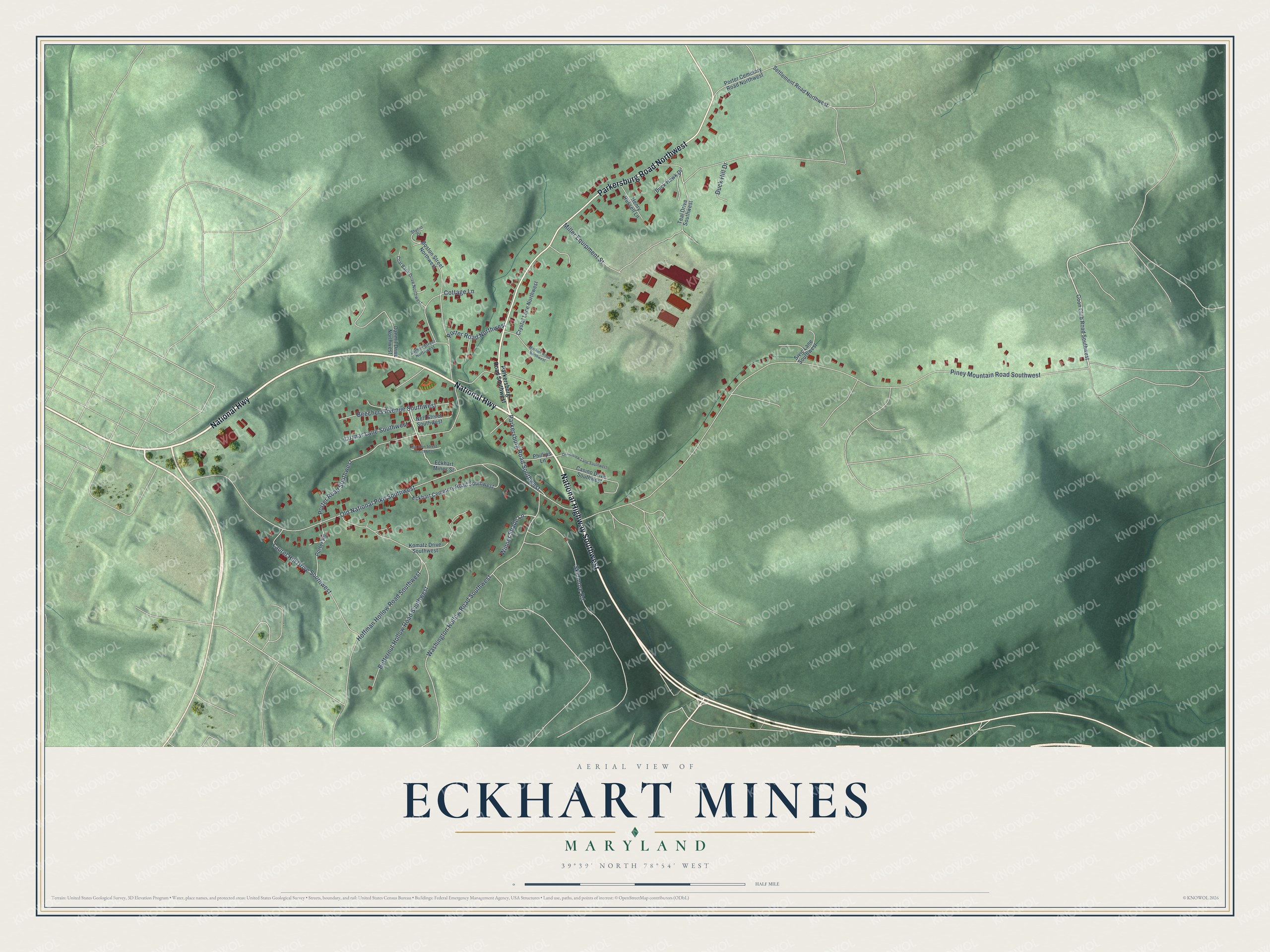 Full map of Eckhart Mines, Maryland, with red buildings, printed street names and the land around them
