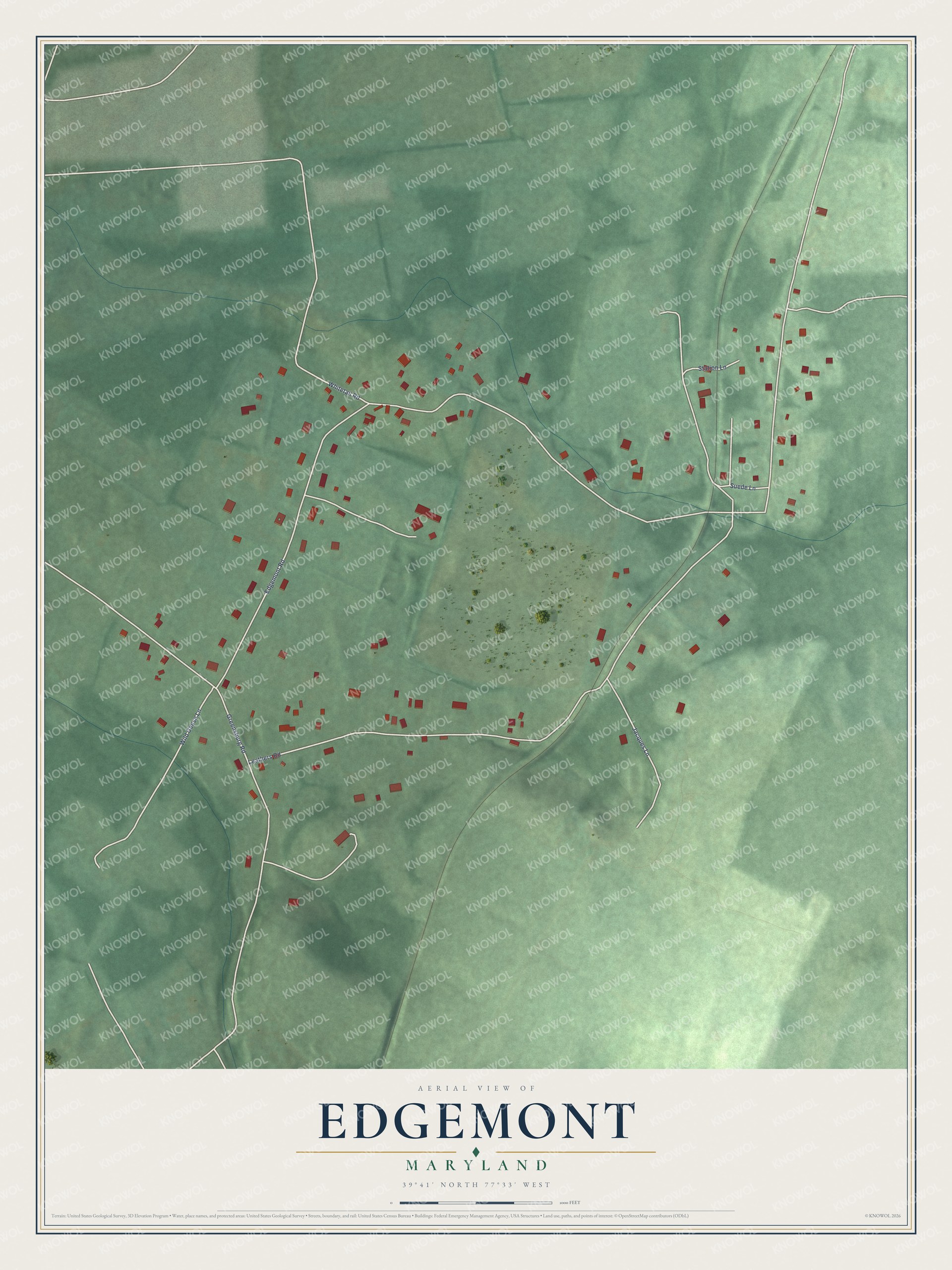 Full map of Edgemont, Maryland, with red buildings, printed street names and the land around them