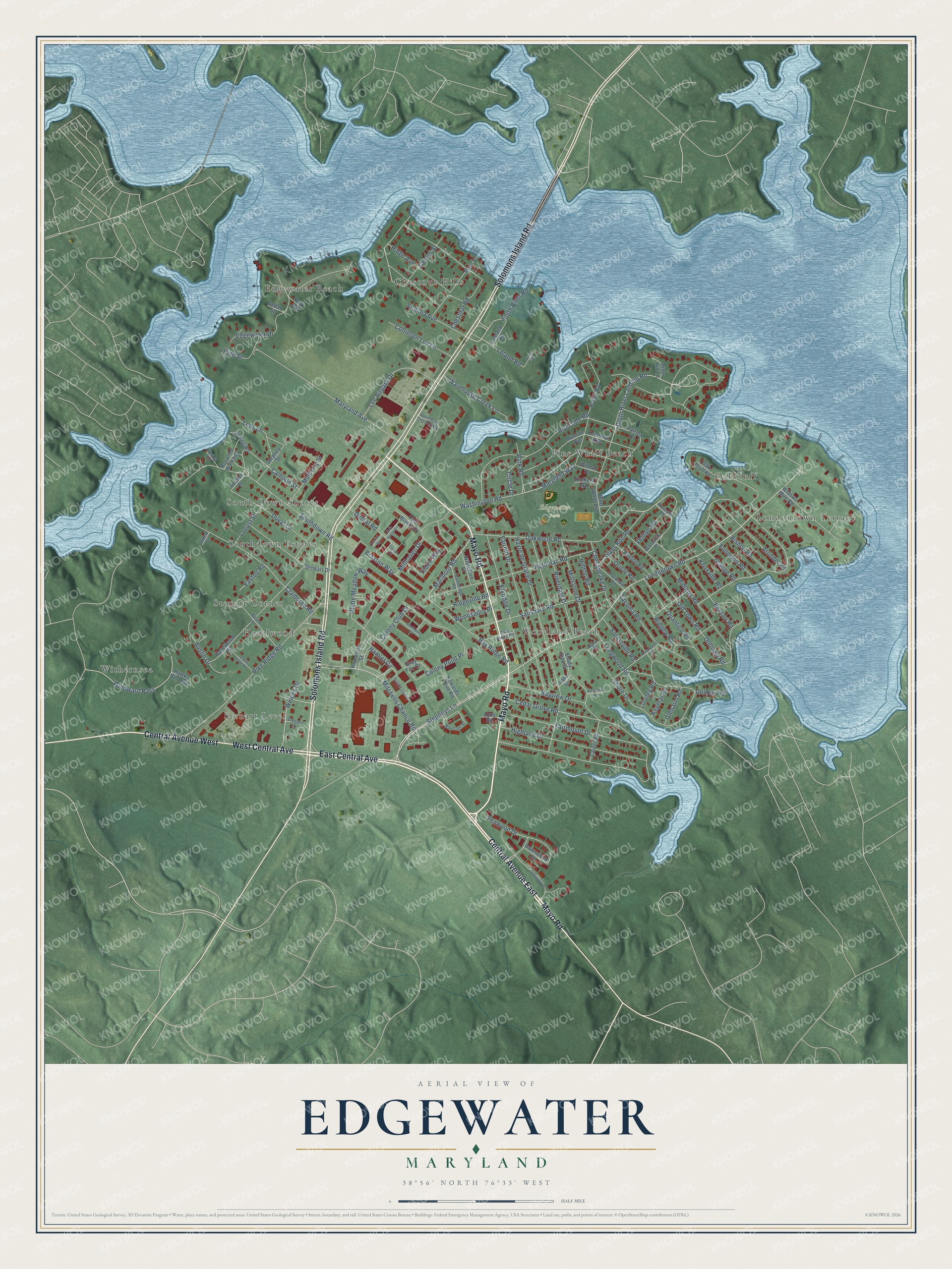 Full map of Edgewater, Maryland, with red buildings, printed street names and the land around them