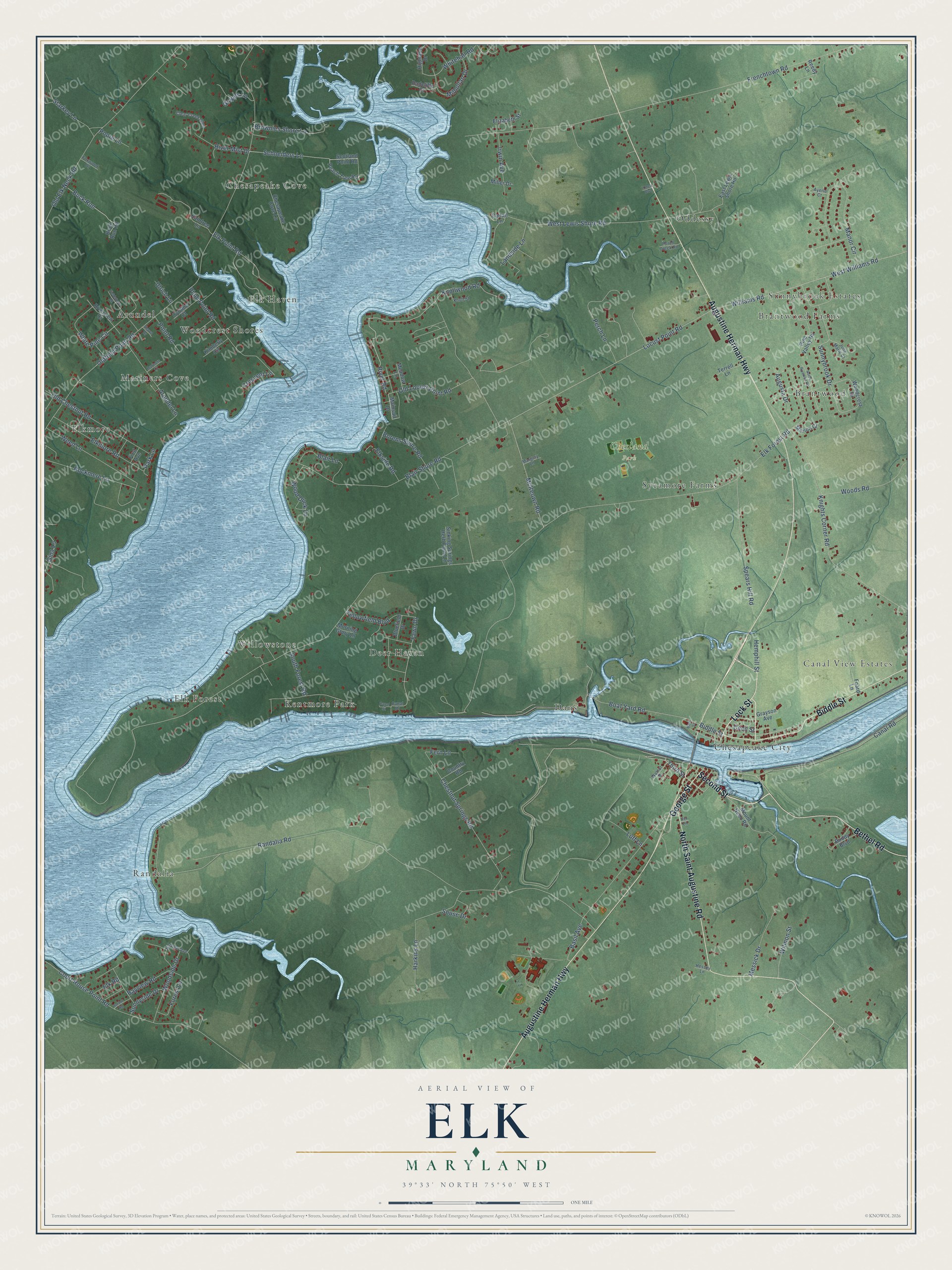 Full map of Elk, Maryland, with red buildings, printed street names and the land around them