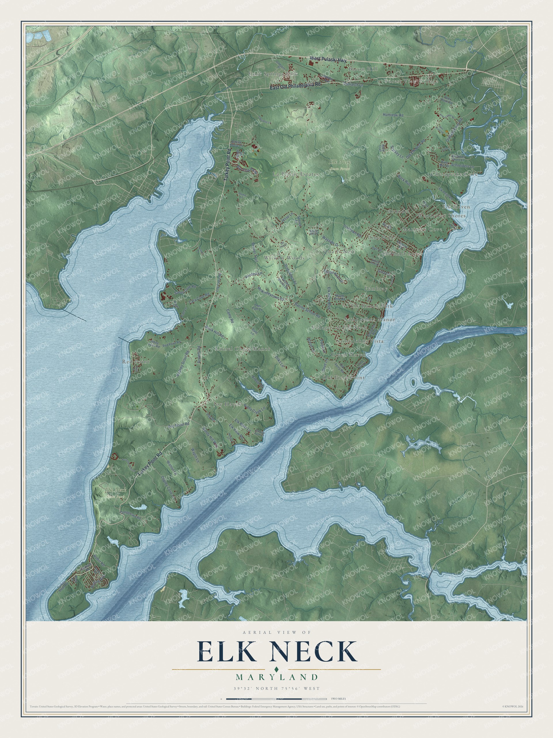 Full map of Elk Neck, Maryland, with red buildings, printed street names and the land around them