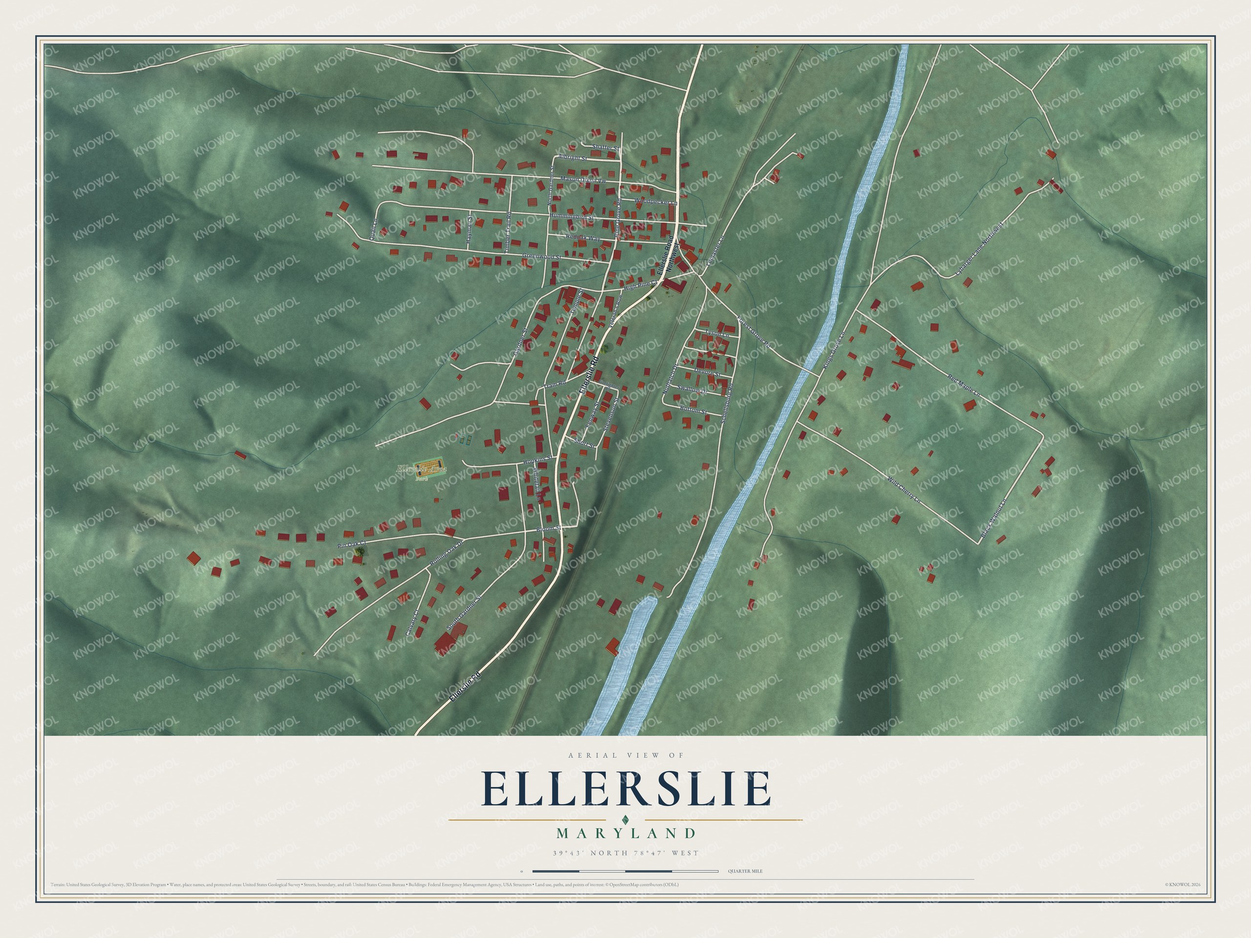 Full map of Ellerslie, Maryland, with red buildings, printed street names and the land around them