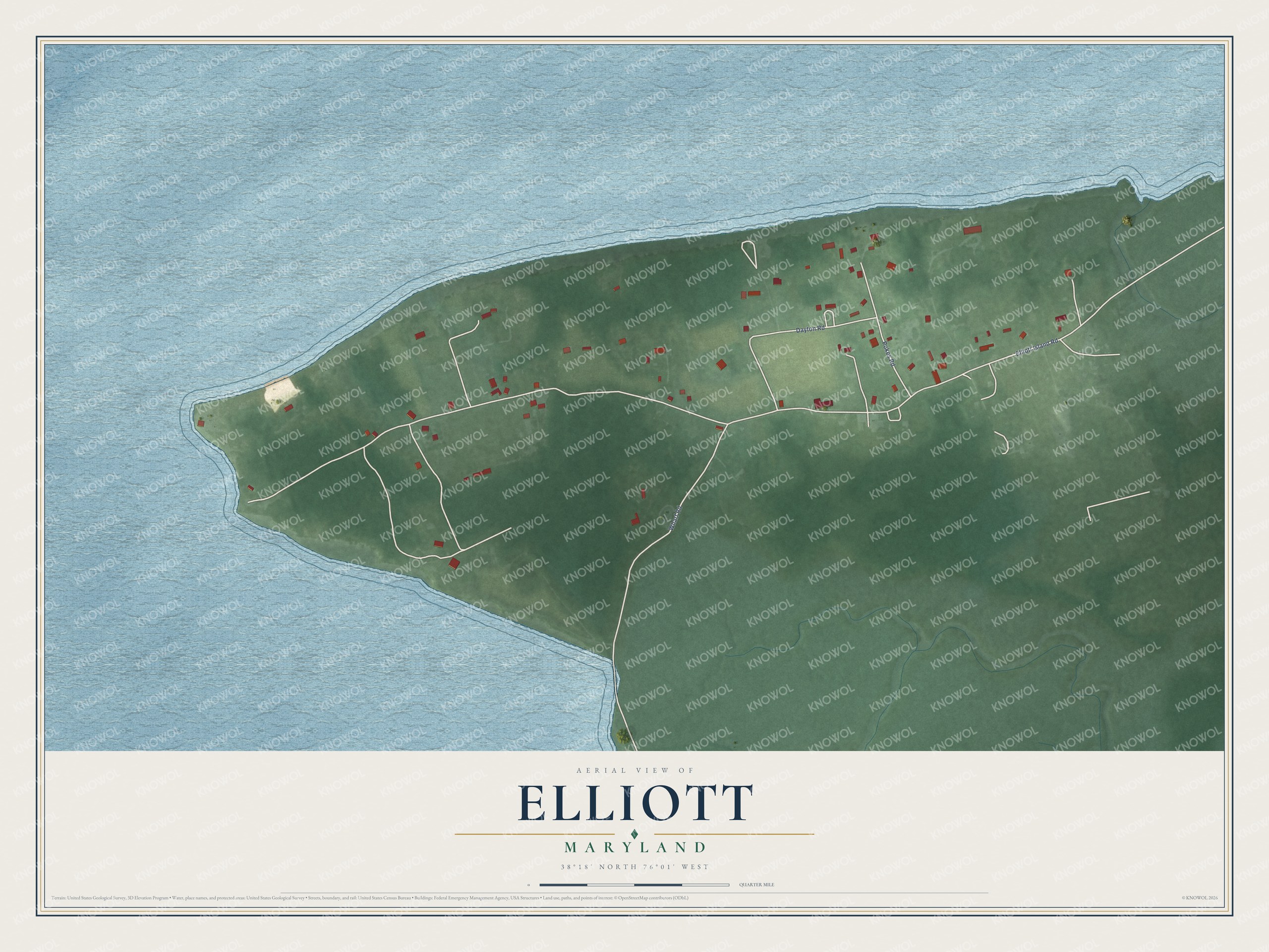 Full map of Elliott, Maryland, with red buildings, printed street names and the land around them