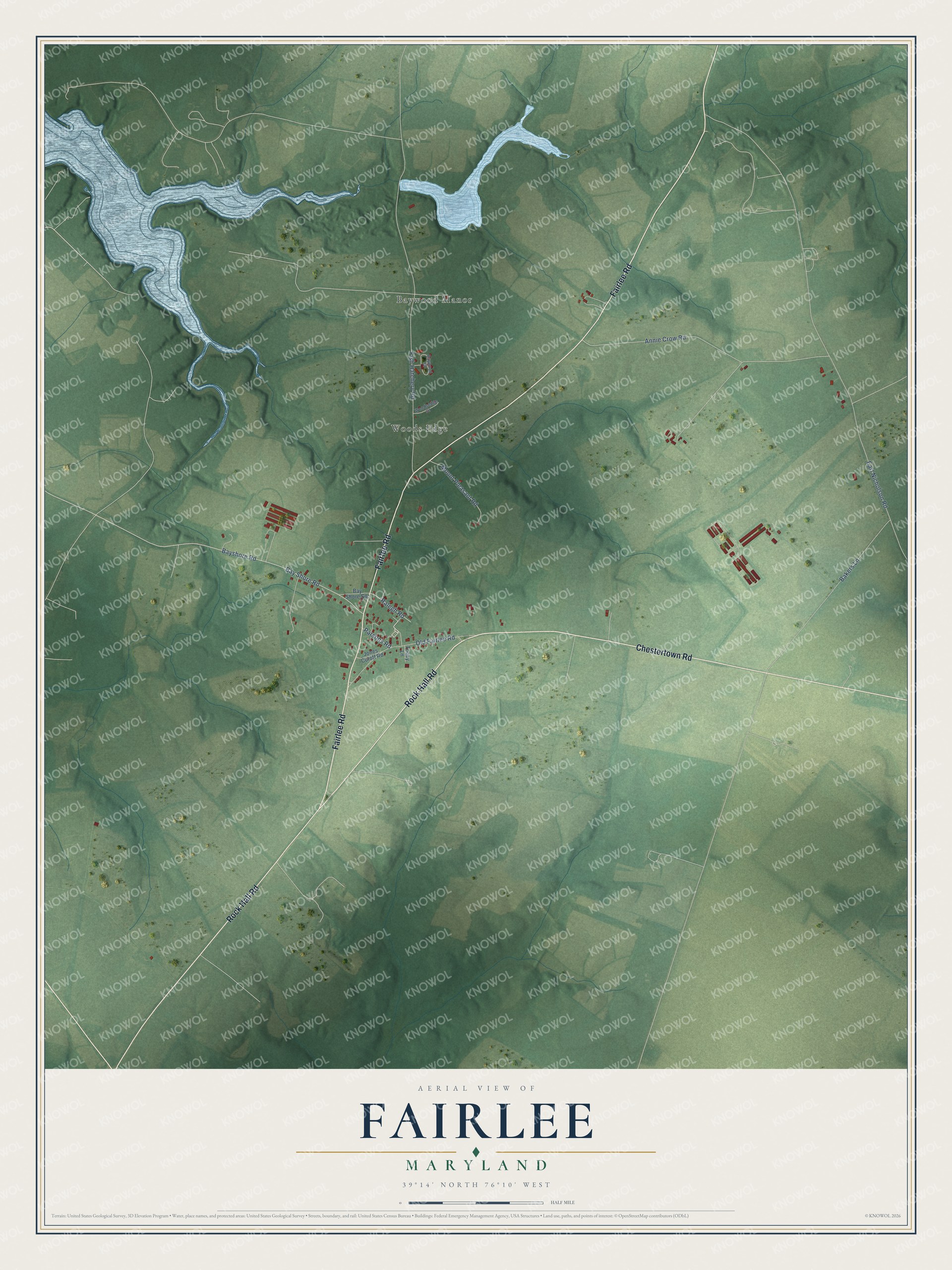 Full map of Fairlee, Maryland, with red buildings, printed street names and the land around them