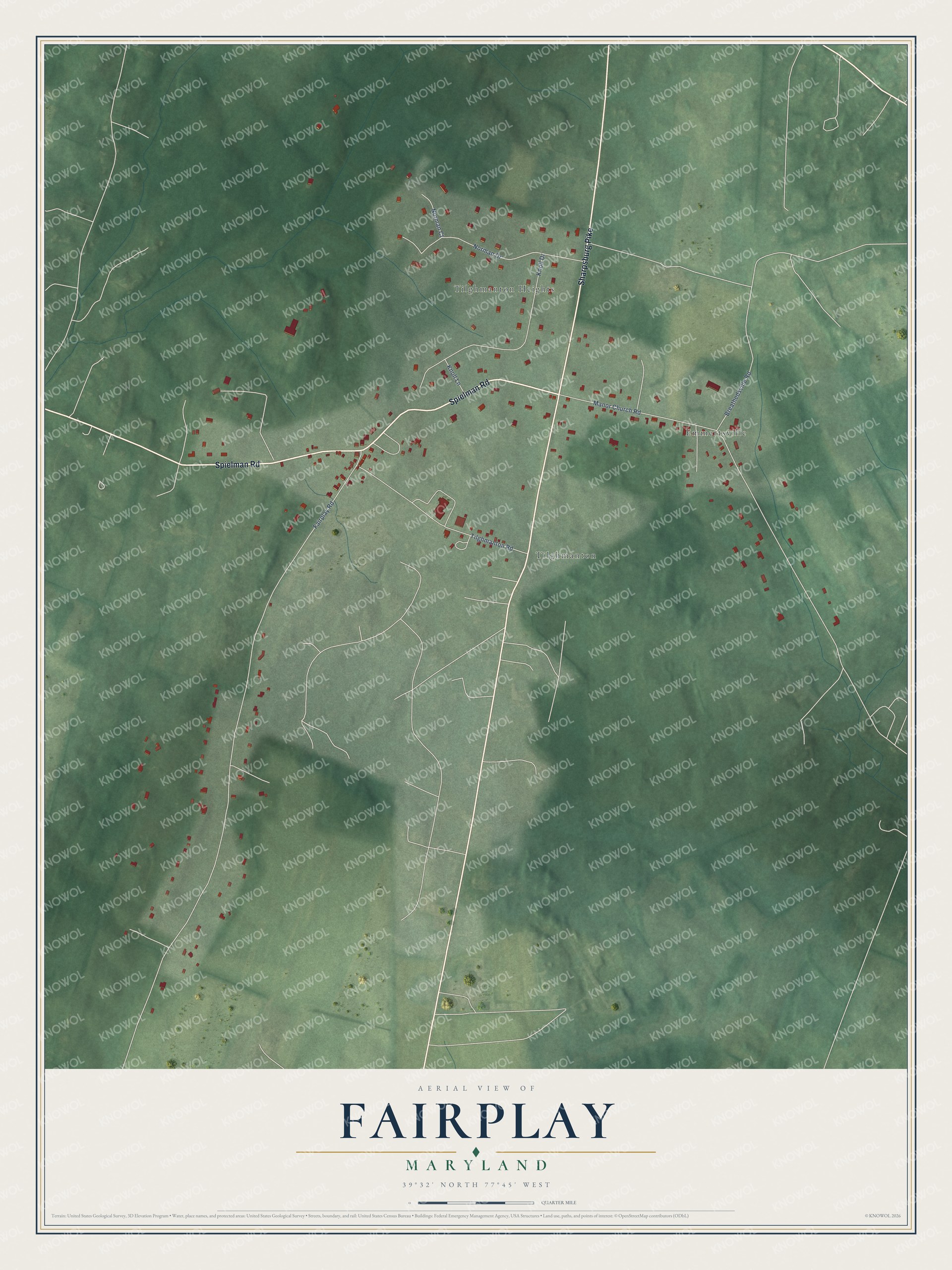 Full map of Fairplay, Maryland, with red buildings, printed street names and the land around them