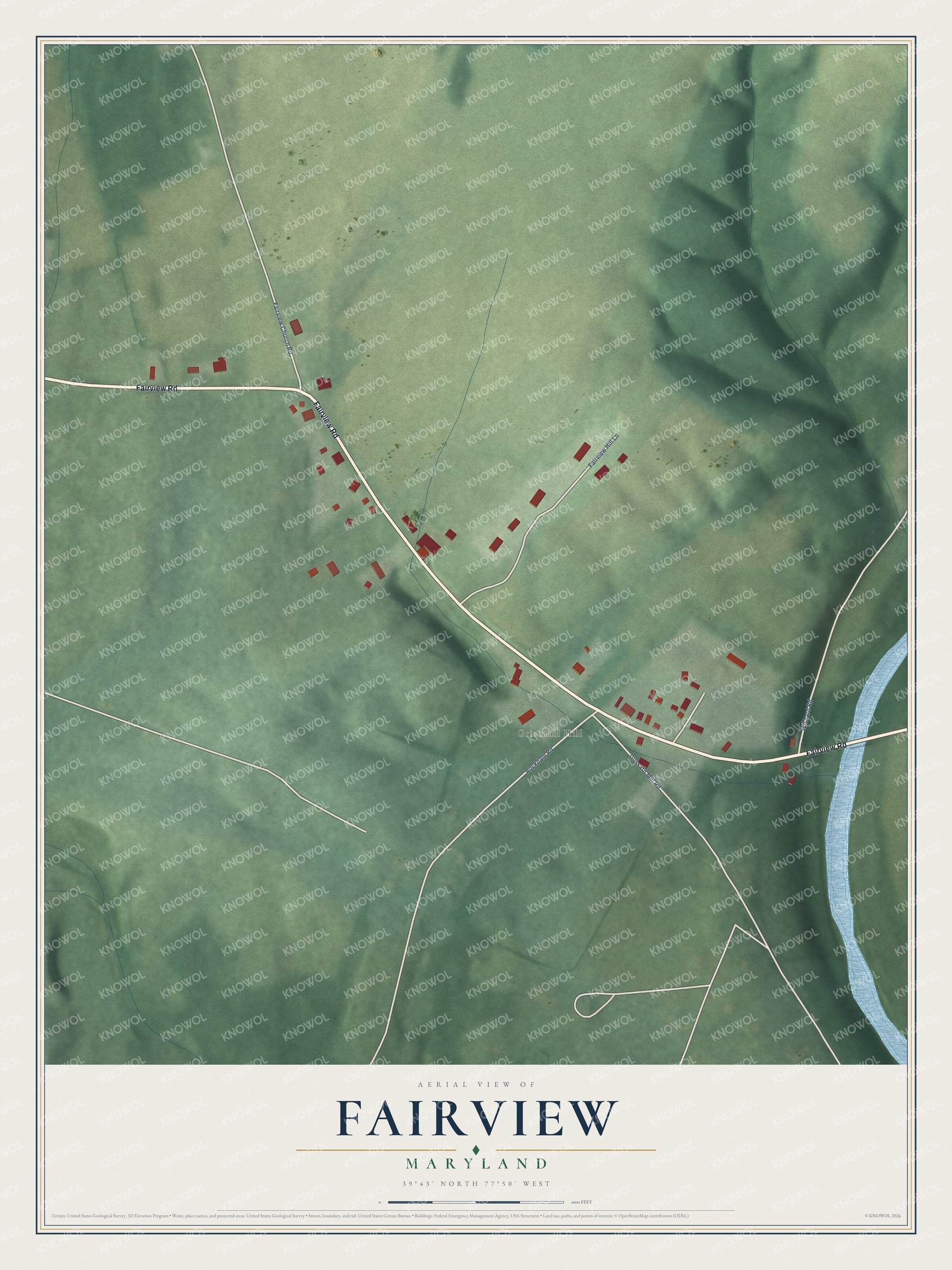Full map of Fairview, Maryland, with red buildings, printed street names and the land around them