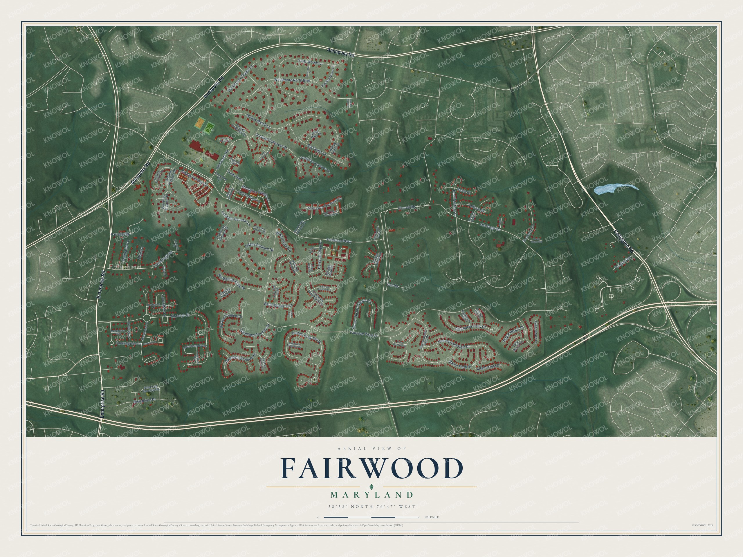 Full map of Fairwood, Maryland, with red buildings, printed street names and the land around them