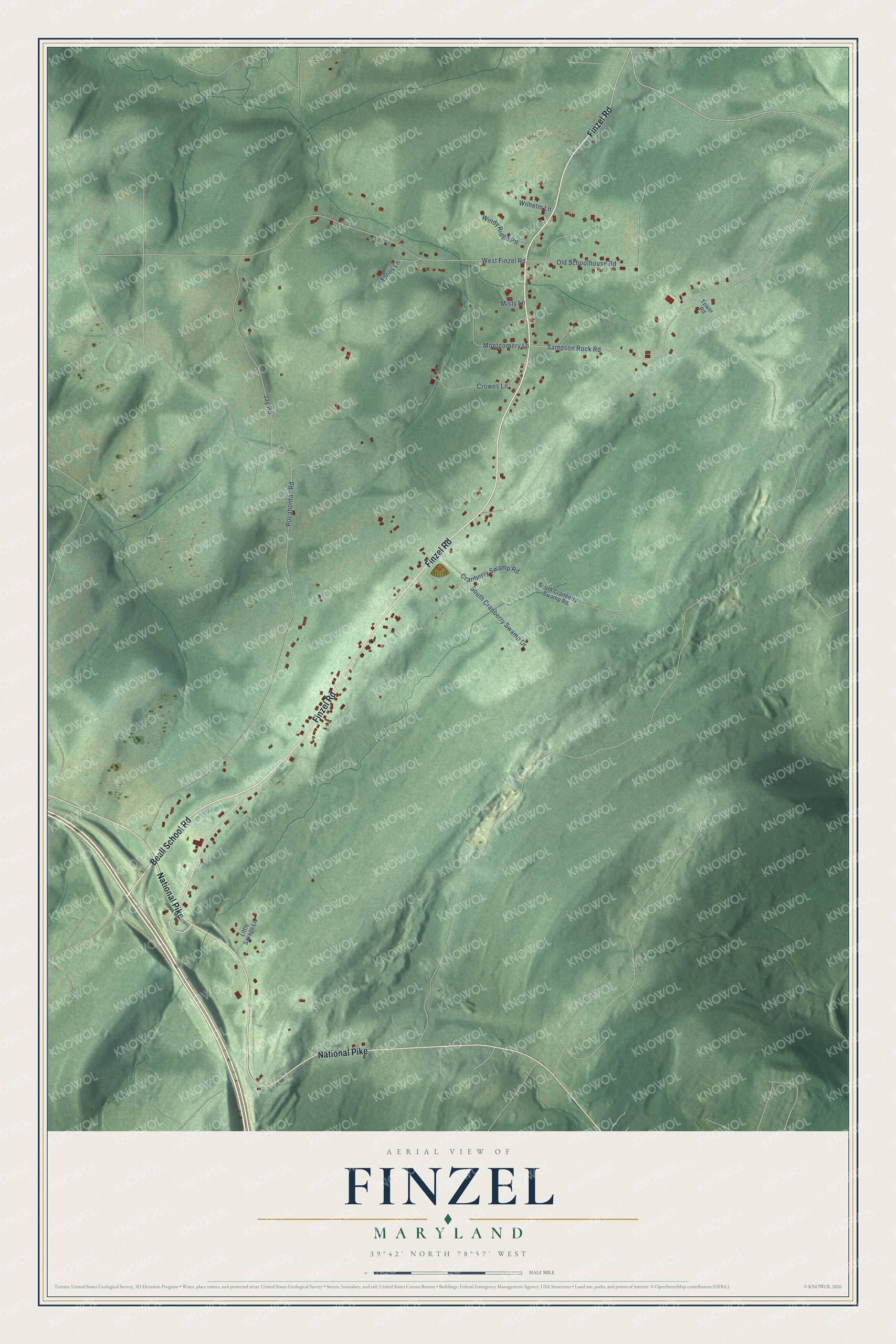 Full map of Finzel, Maryland, with red buildings, printed street names and the land around them