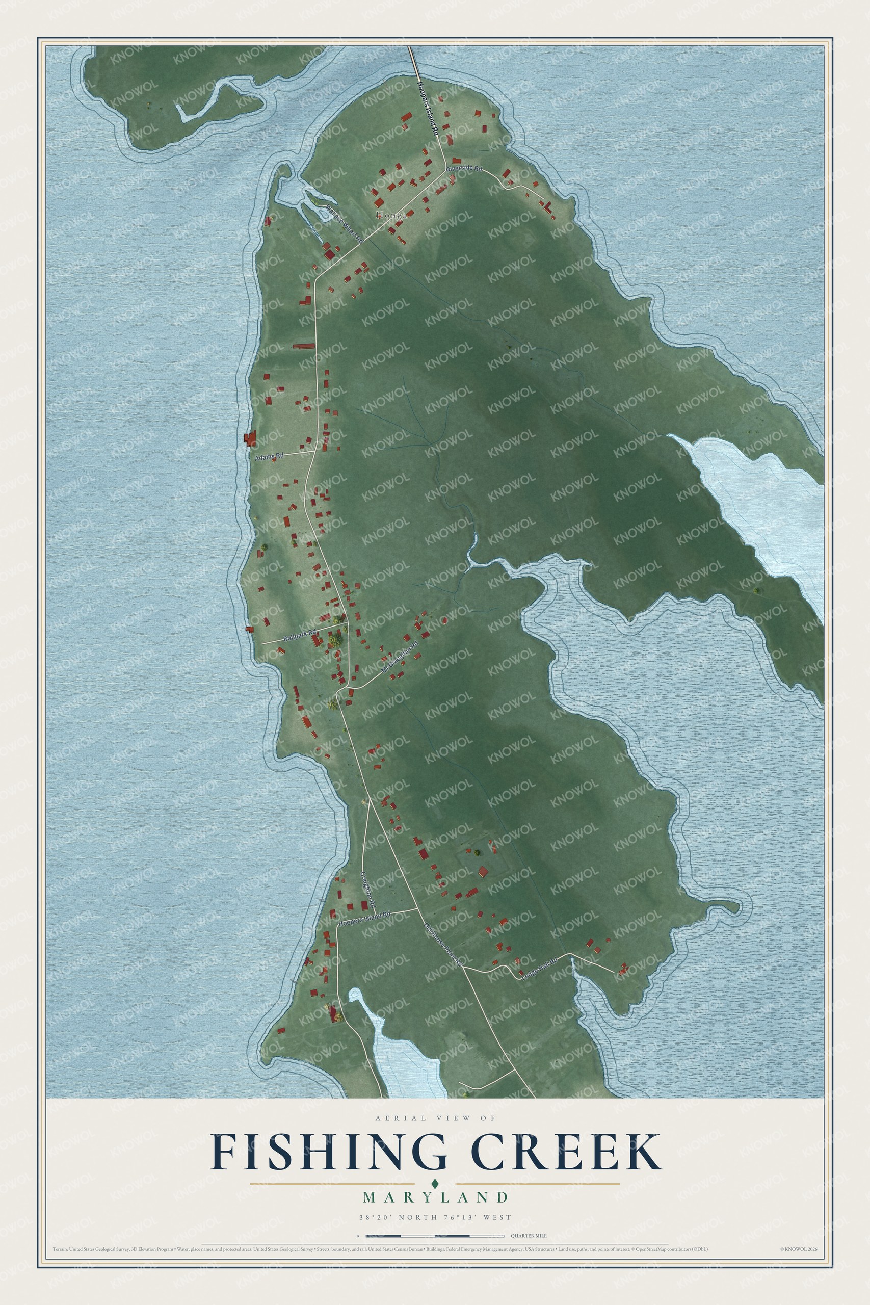 Full map of Fishing Creek, Maryland, with red buildings, printed street names and the land around them