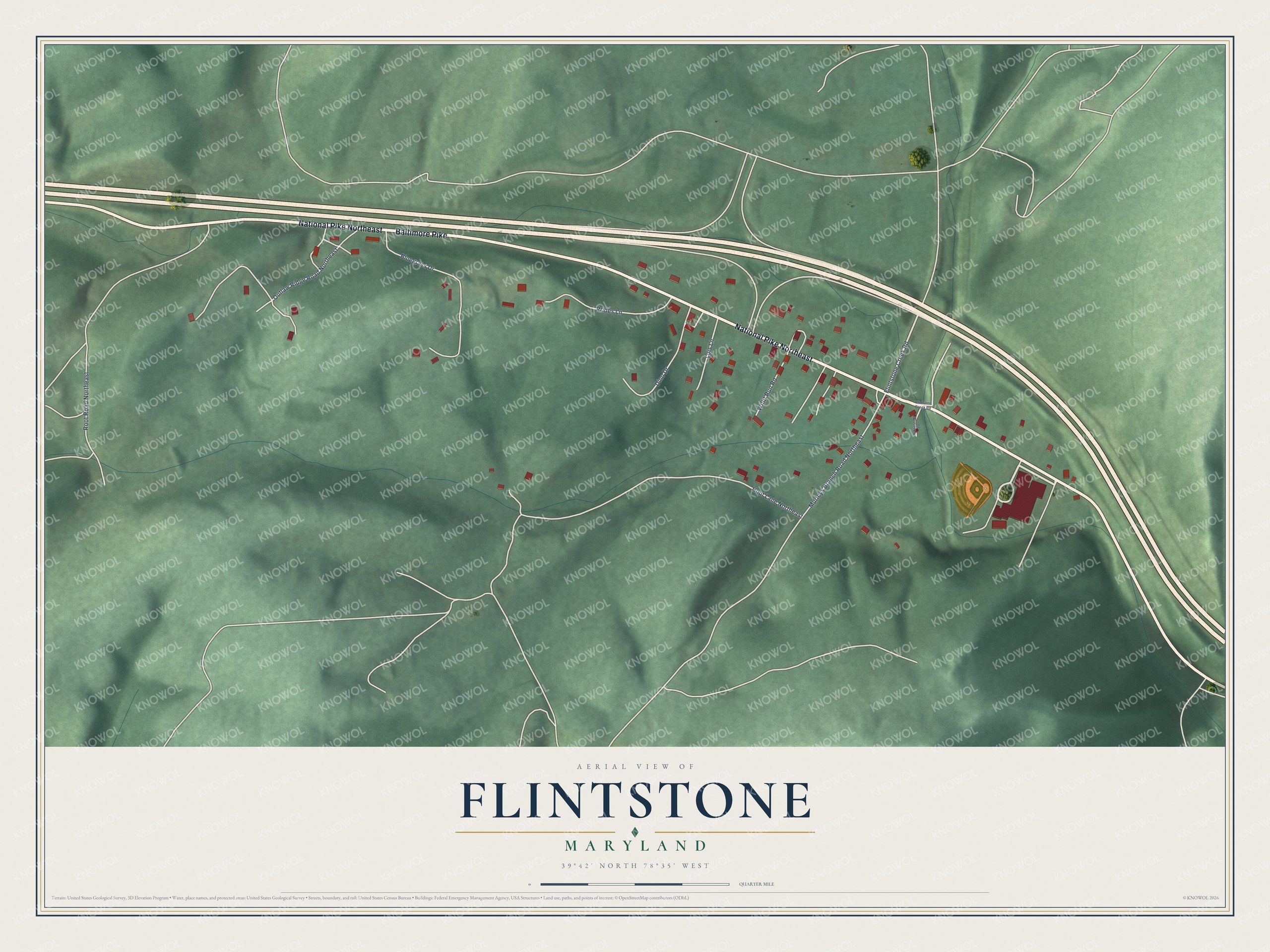 Full map of Flintstone, Maryland, with red buildings, printed street names and the land around them