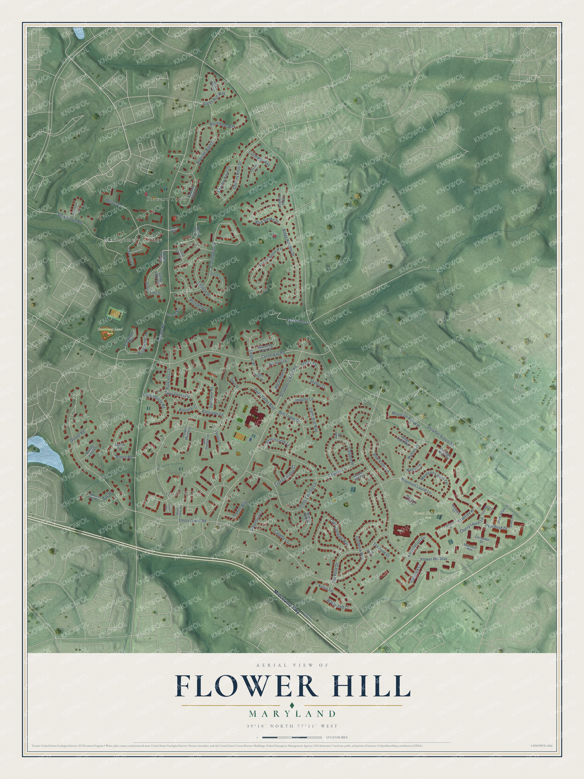 Full map of Flower Hill, Maryland, with red buildings, printed street names and the land around them