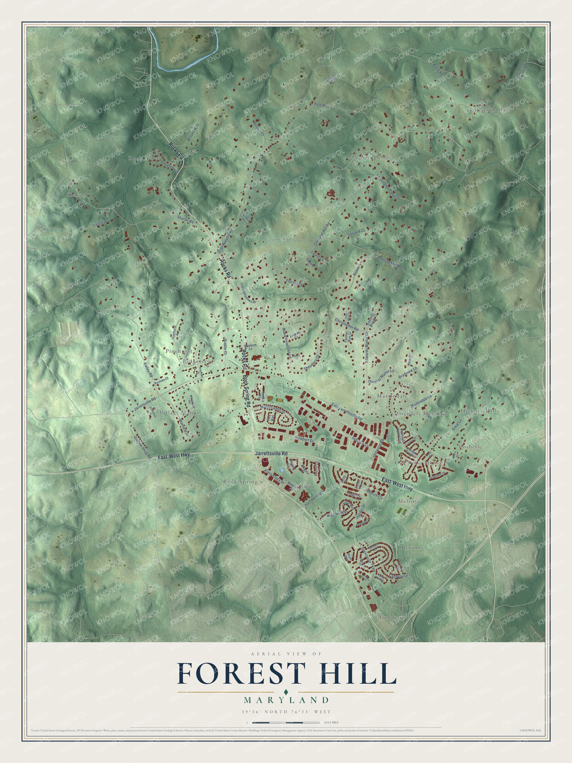 Full map of Forest Hill, Maryland, with red buildings, printed street names and the land around them