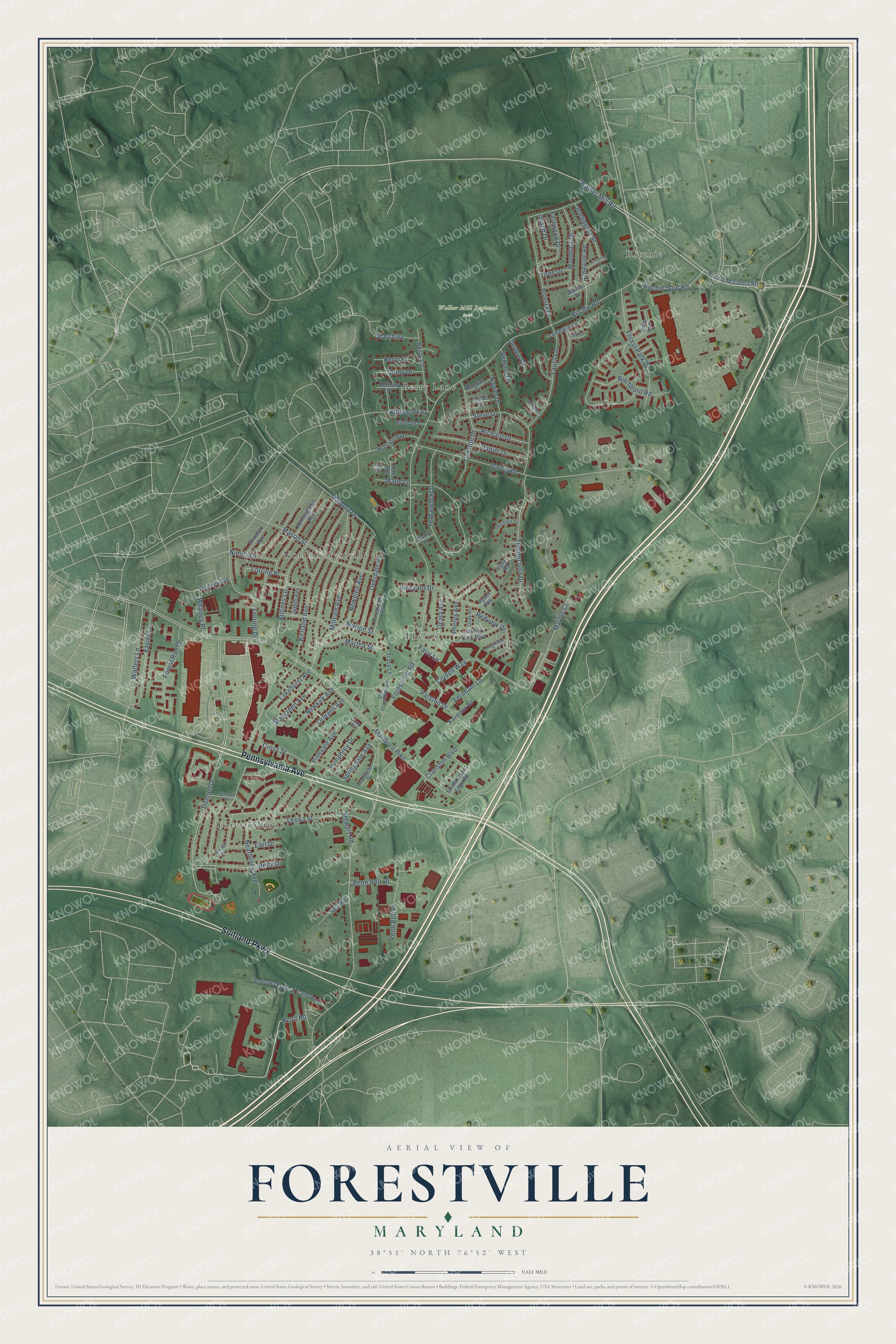 Full map of Forestville, Maryland, with red buildings, printed street names and the land around them